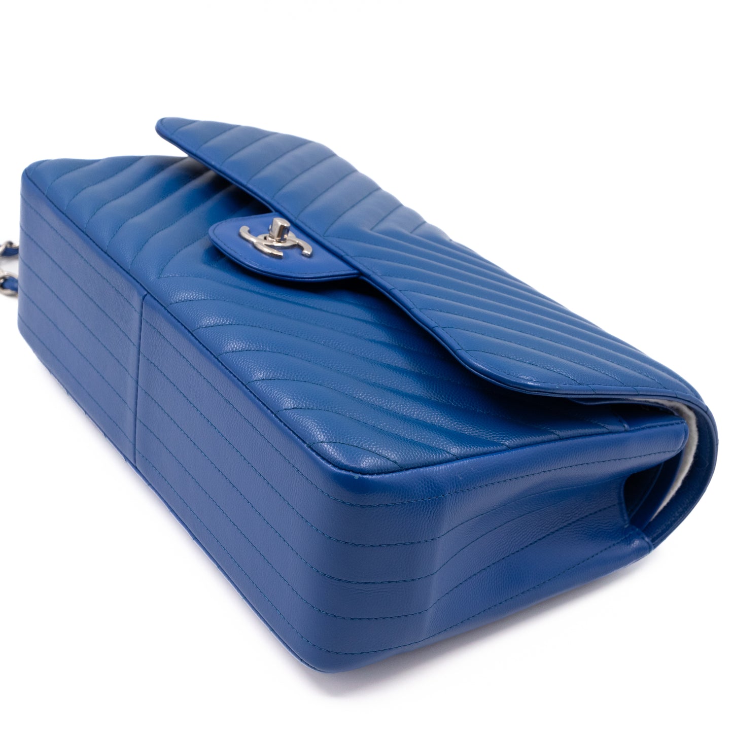 Classic Double Flap Jumbo Blue Chevron Caviar Silver