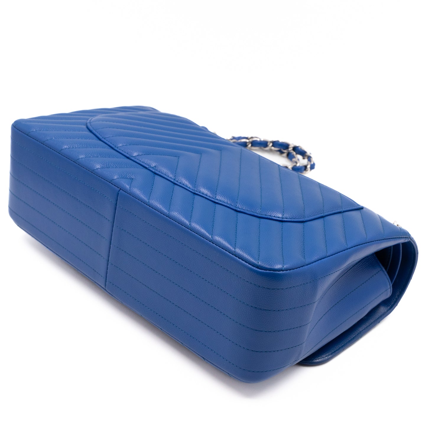 Classic Double Flap Jumbo Blue Chevron Caviar Silver