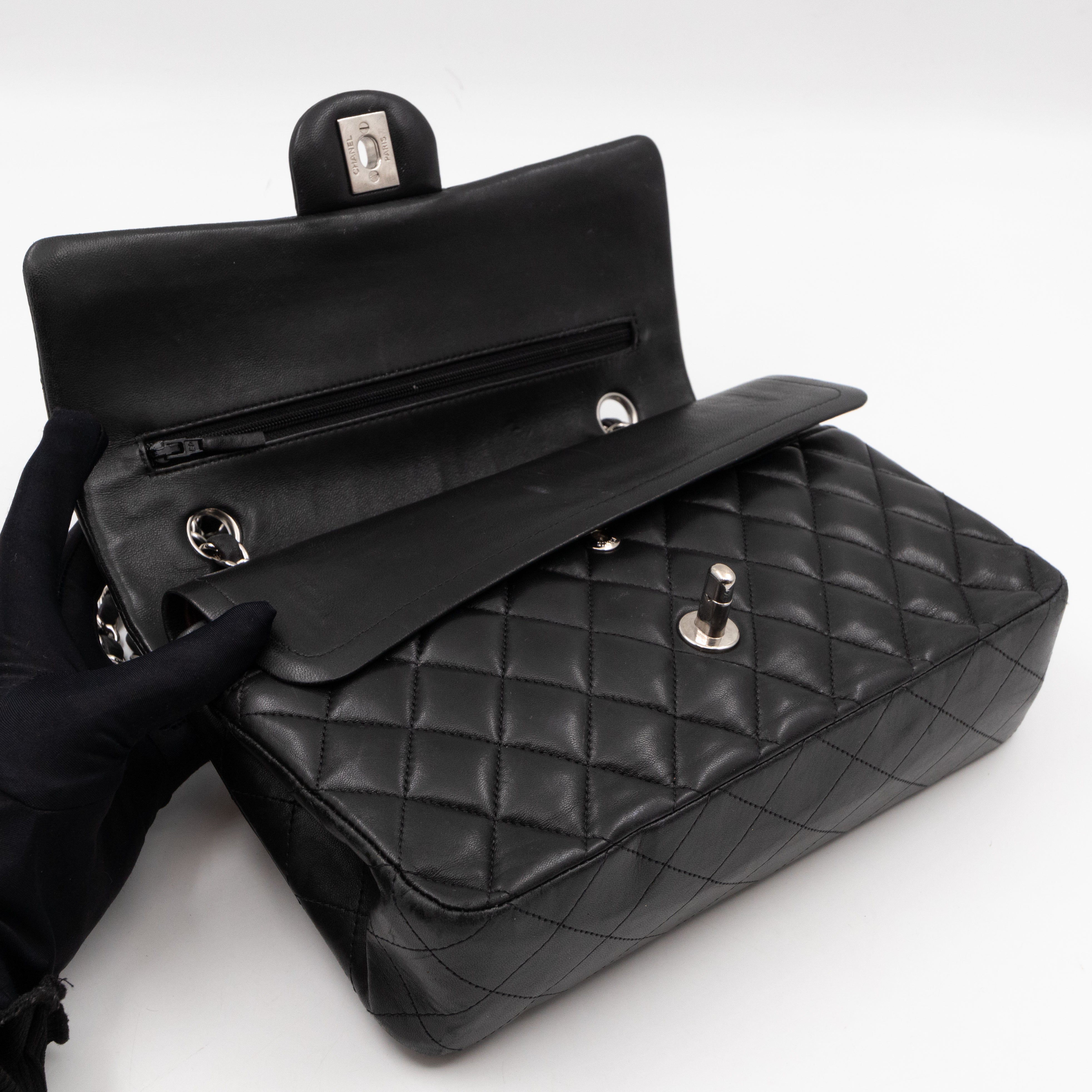 Classic Double Flap Medium Black Lambskin Leather Silver