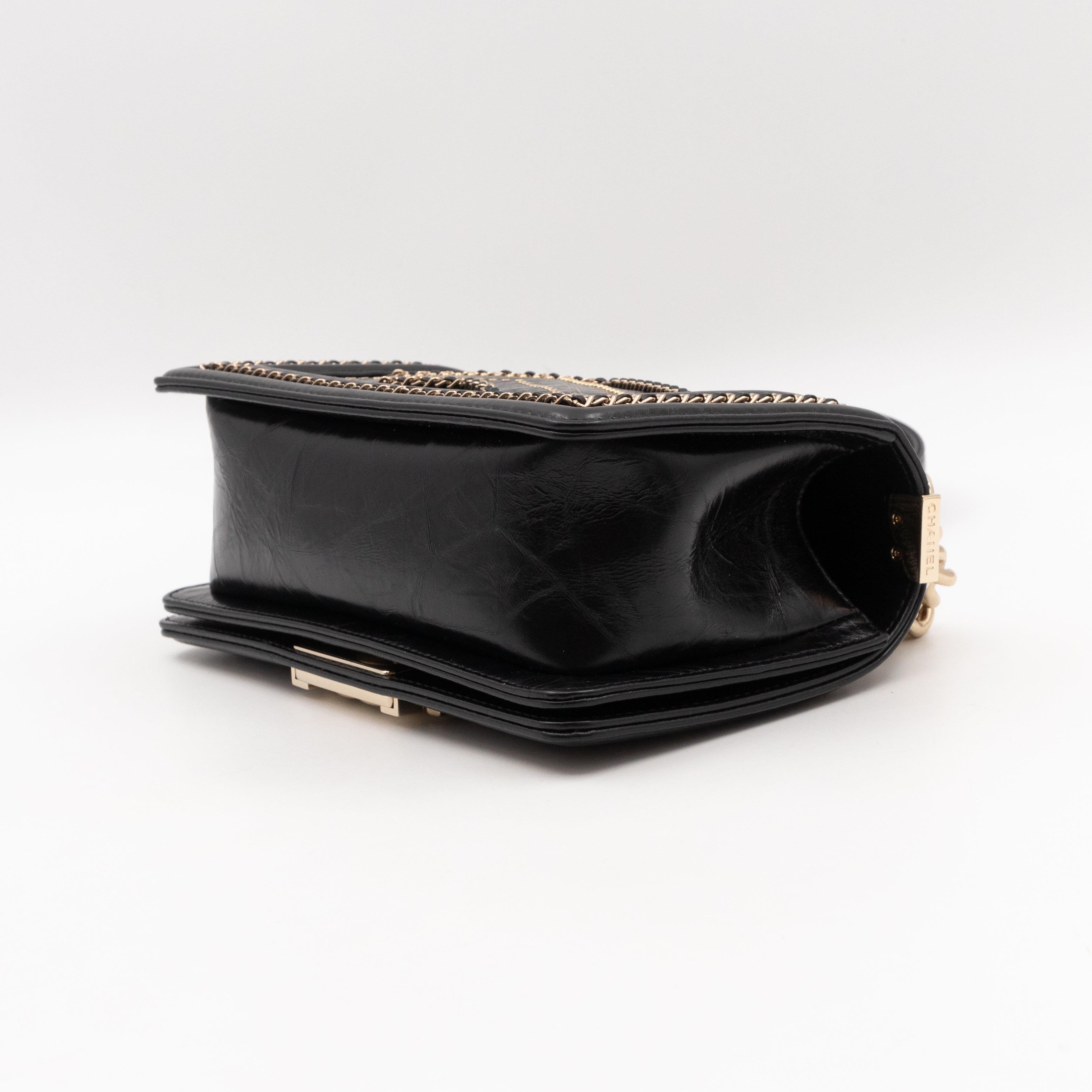 Boy Bag Small Chevron Chains Black Crumpled Calfskin