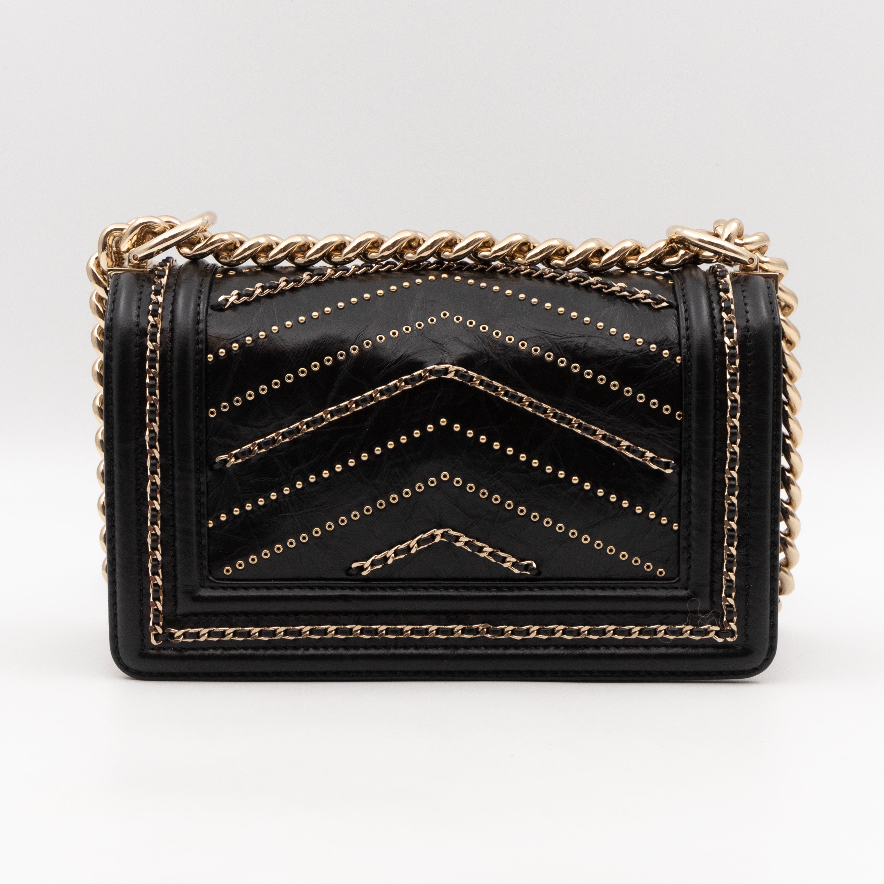 Boy Bag Small Chevron Chains Black Crumpled Calfskin