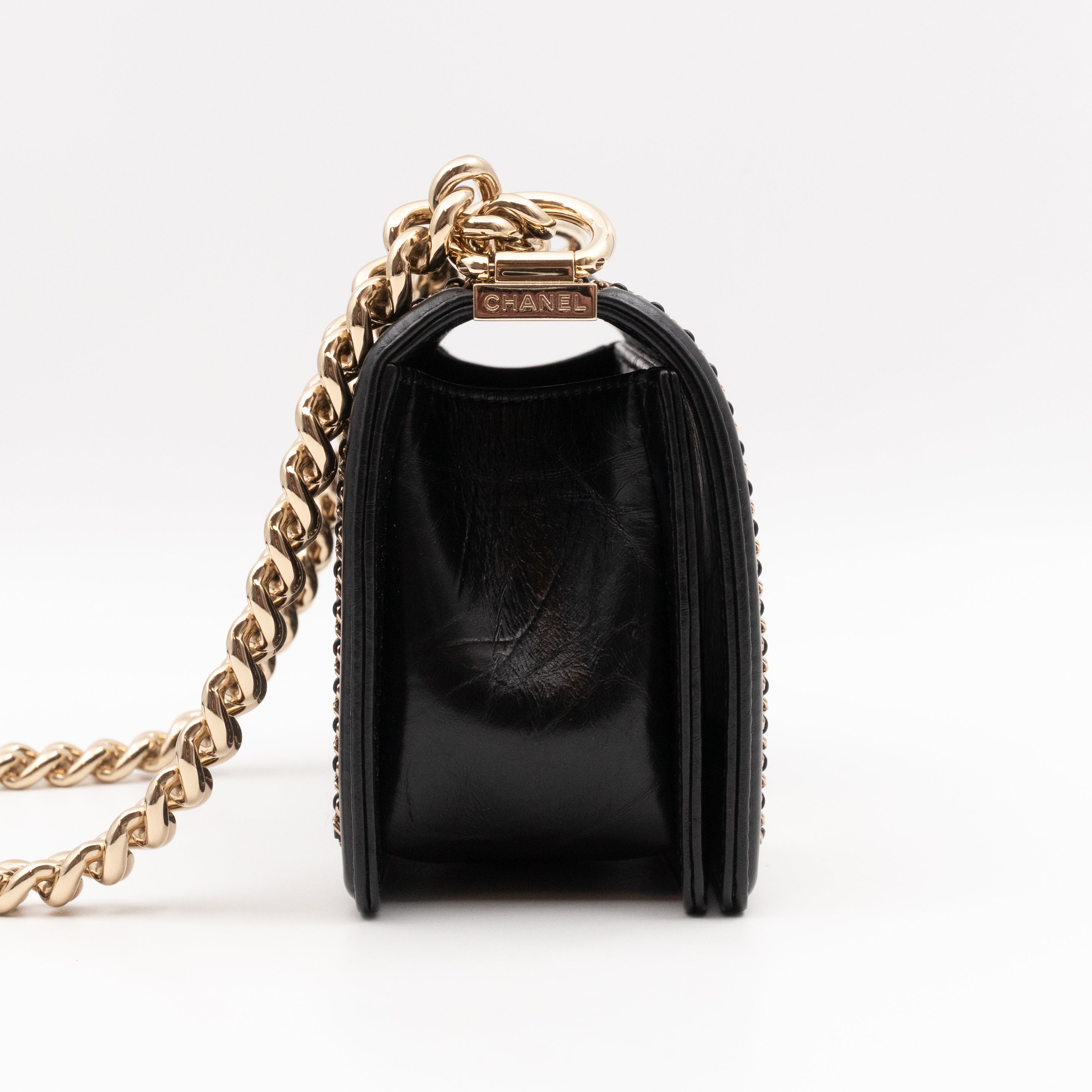 Boy Bag Small Chevron Chains Black Crumpled Calfskin