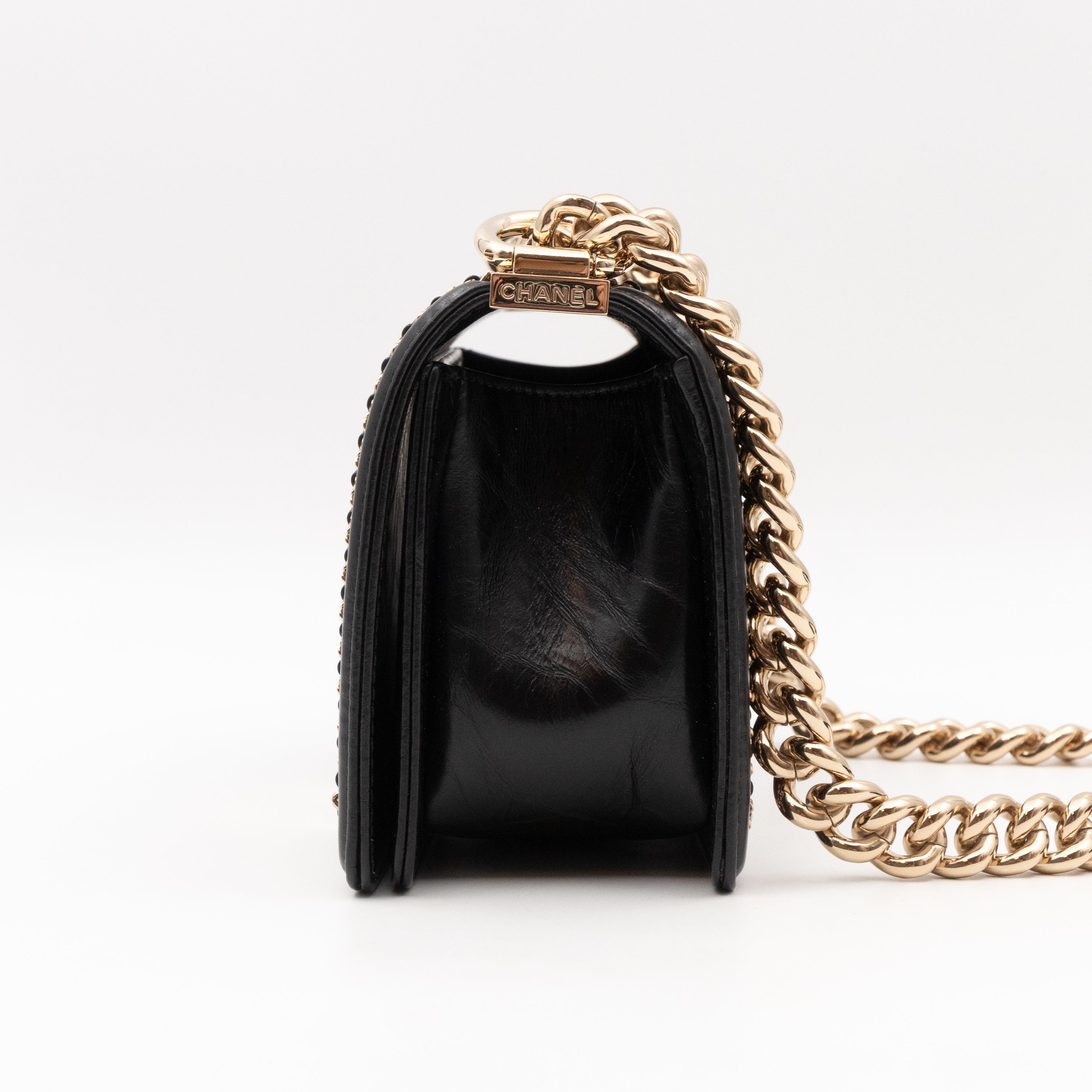 Boy Bag Small Chevron Chains Black Crumpled Calfskin