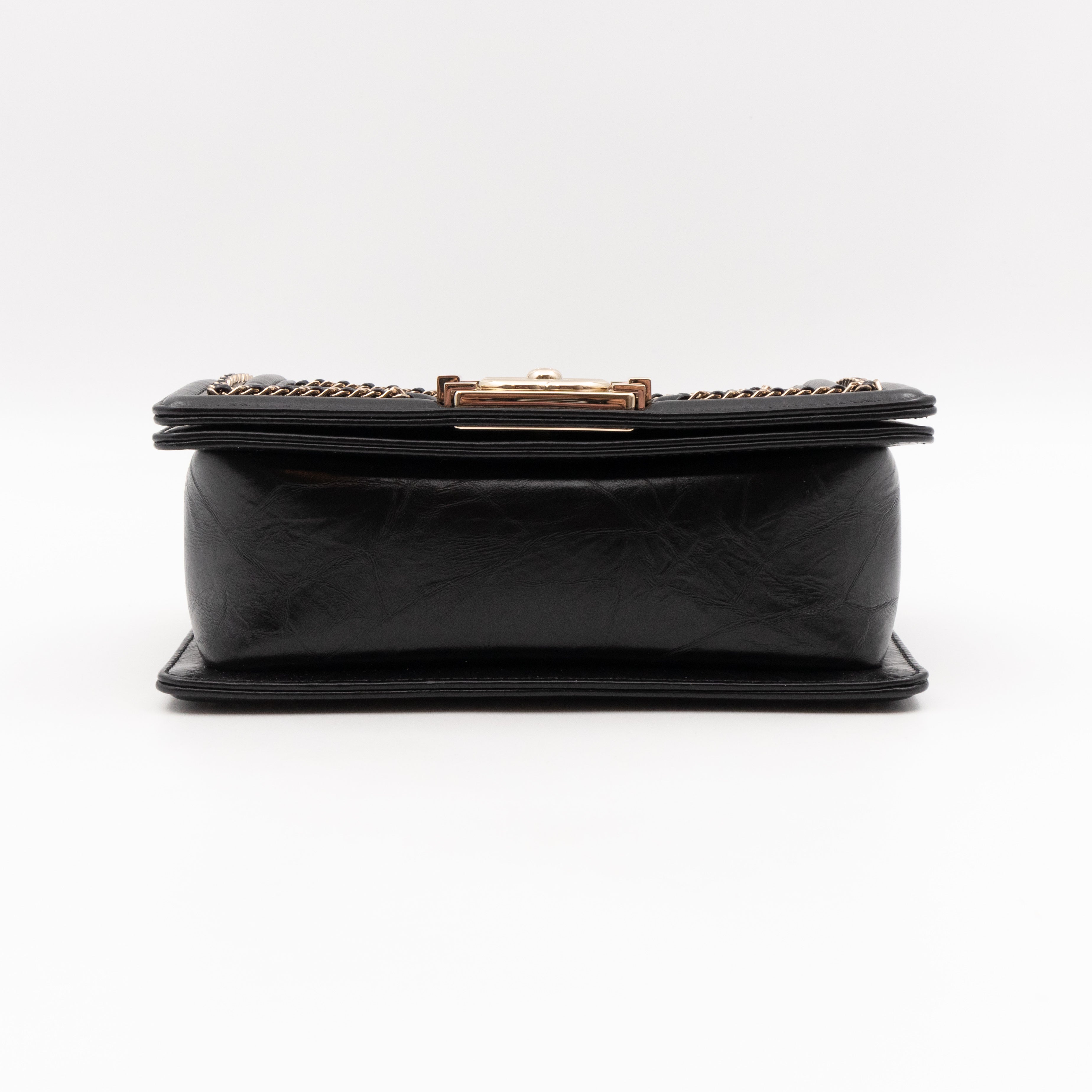 Boy Bag Small Chevron Chains Black Crumpled Calfskin