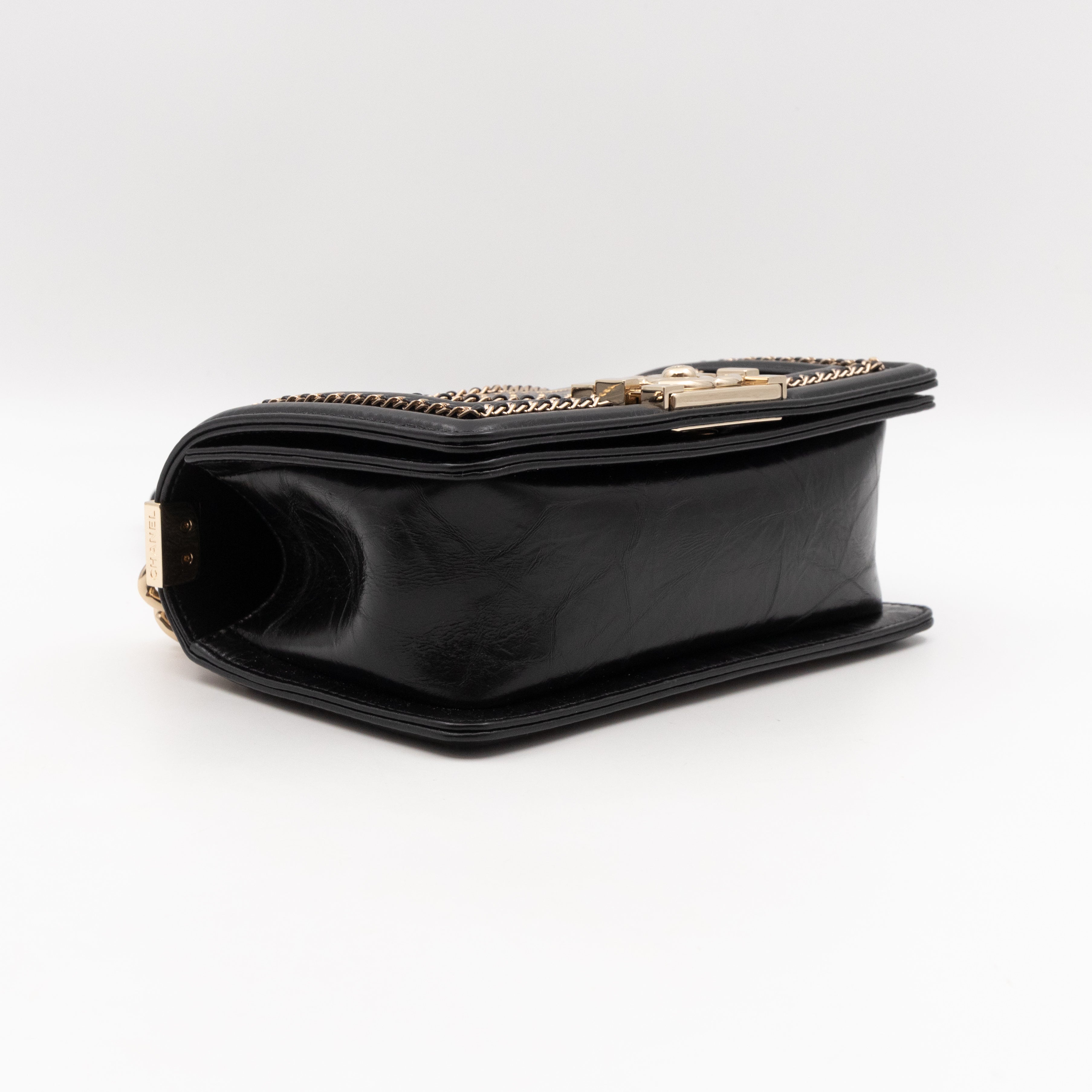 Boy Bag Small Chevron Chains Black Crumpled Calfskin