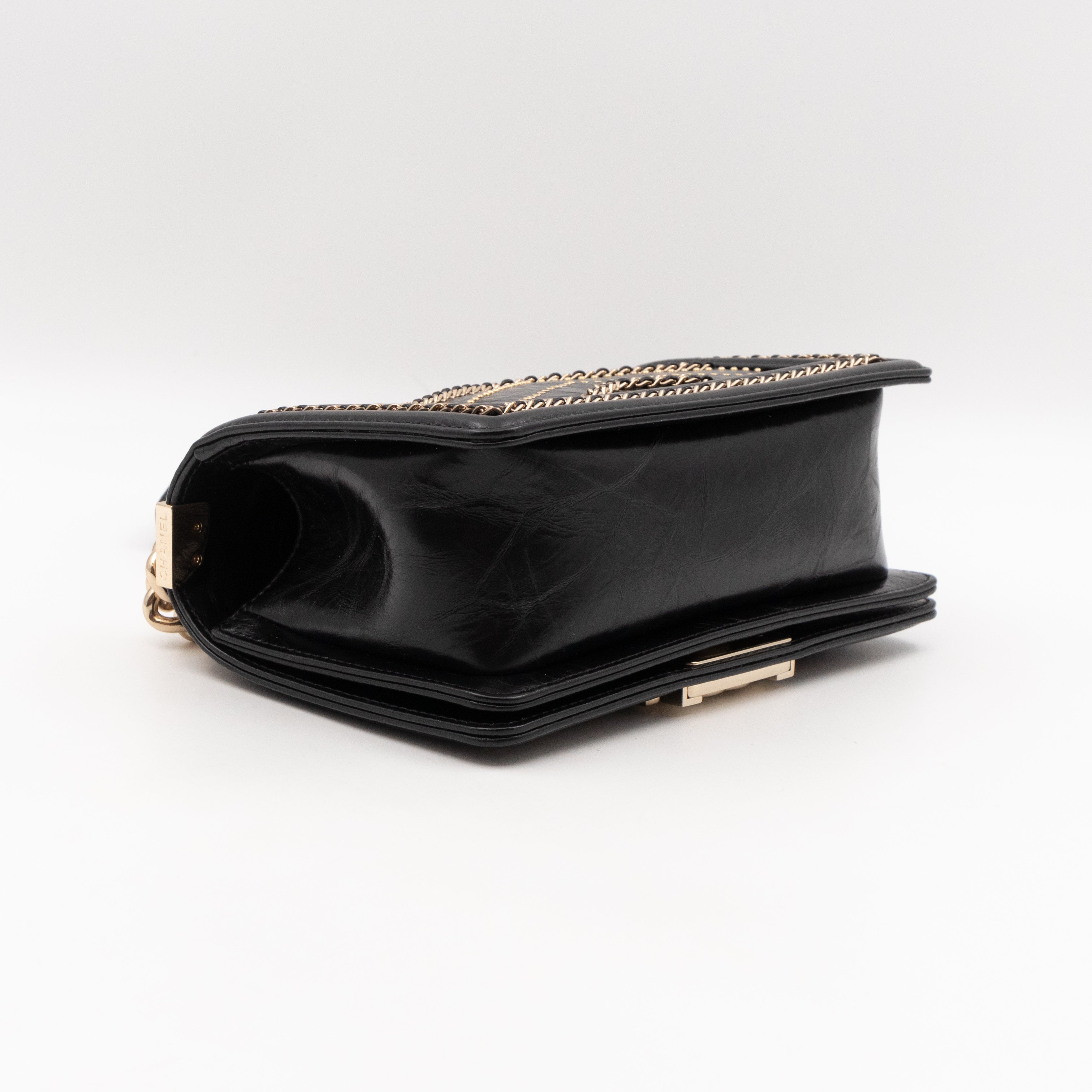 Boy Bag Small Chevron Chains Black Crumpled Calfskin