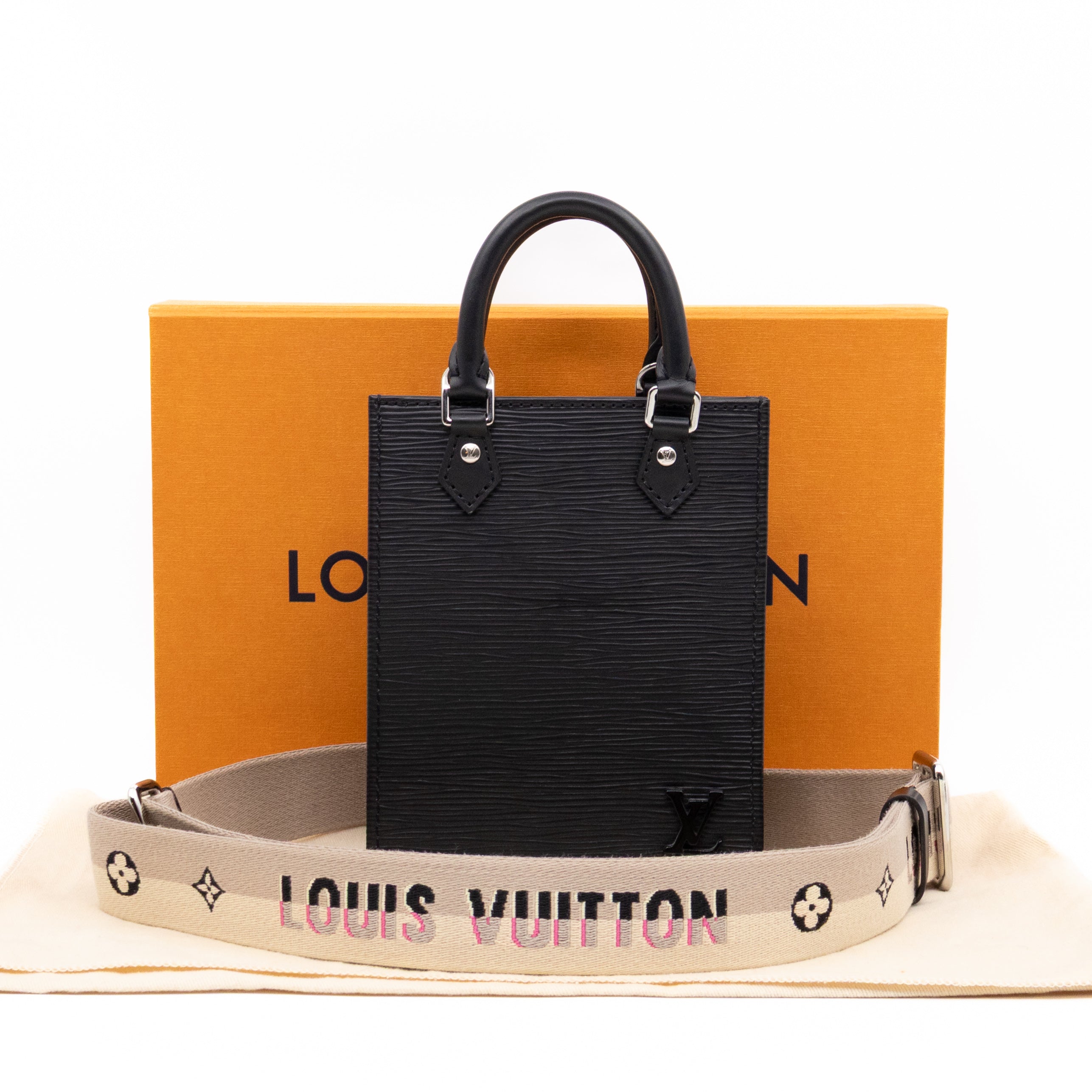 Petit Sac Plat Black Epi Leather With Jacquard Strap