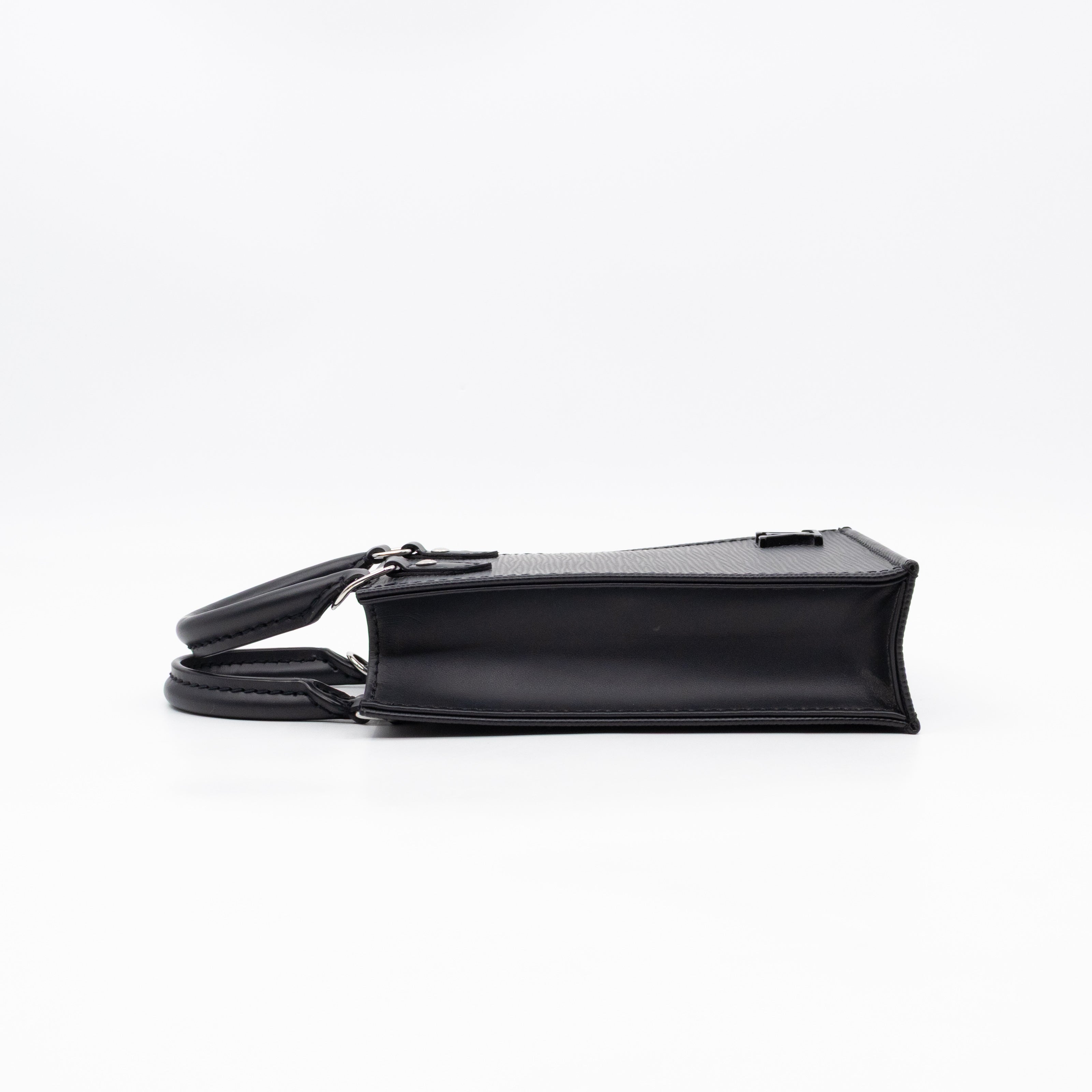 Petit Sac Plat Black Epi Leather With Jacquard Strap