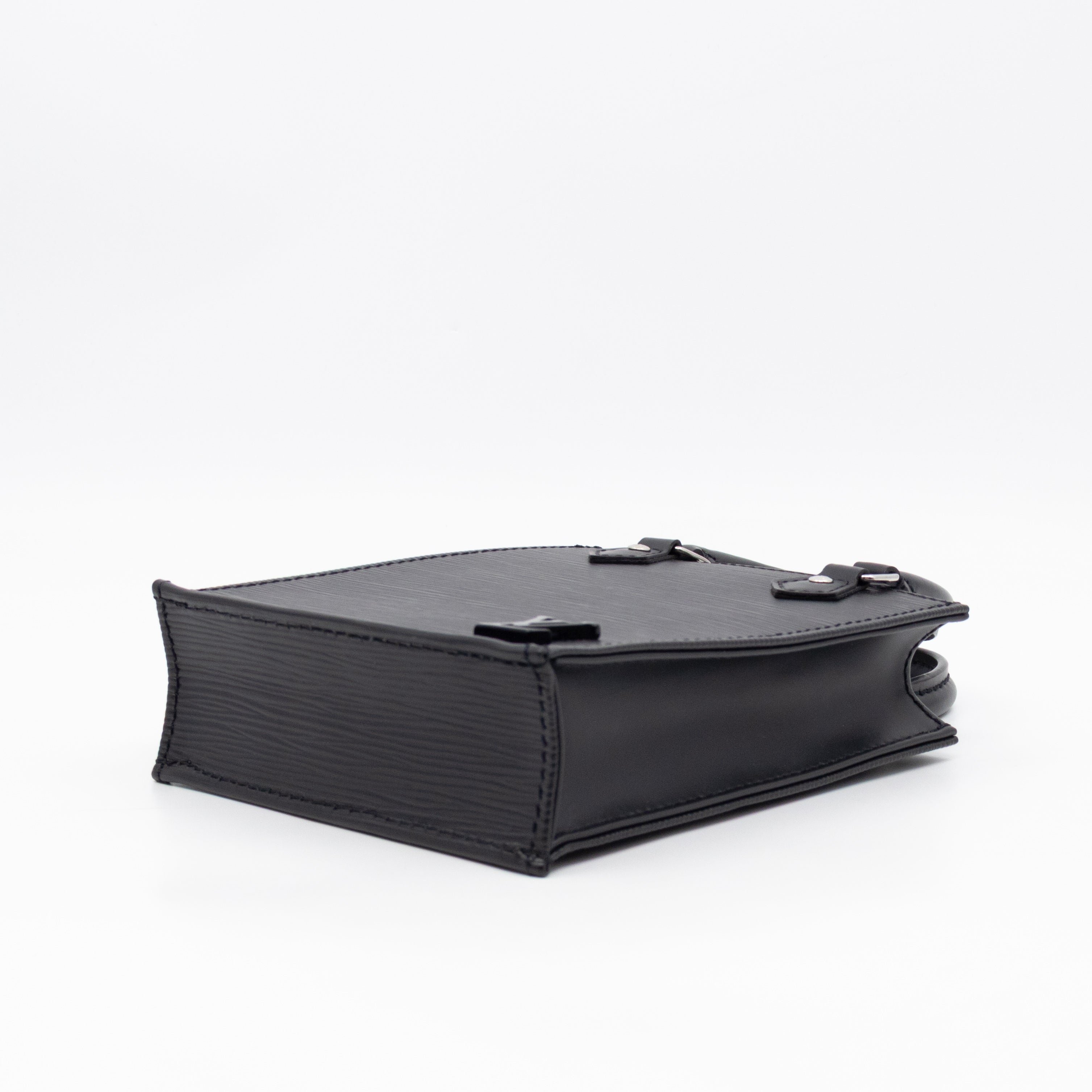 Petit Sac Plat Black Epi Leather With Jacquard Strap