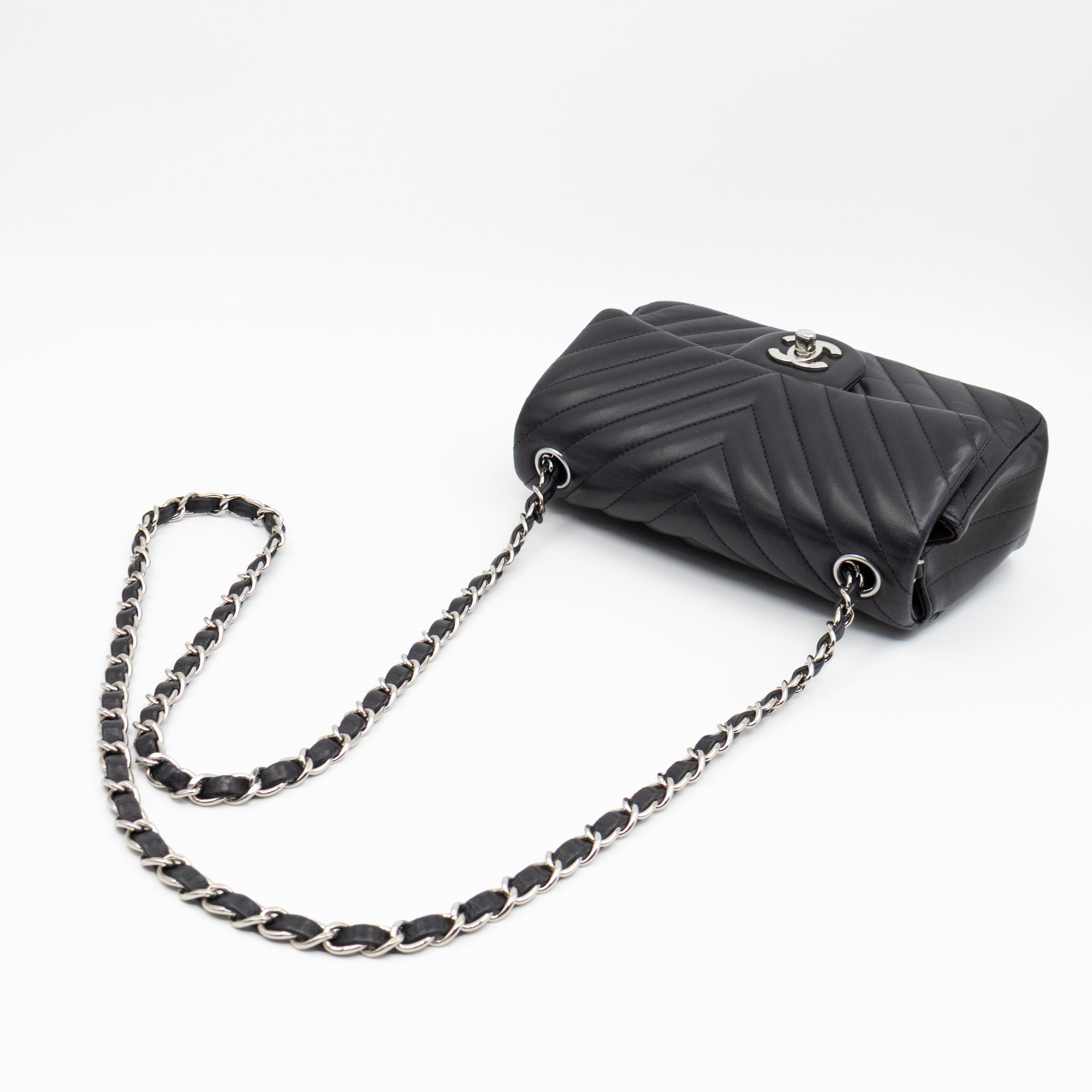 Classic Flap Mini Rectangular Black Chevron Lambskin Leather