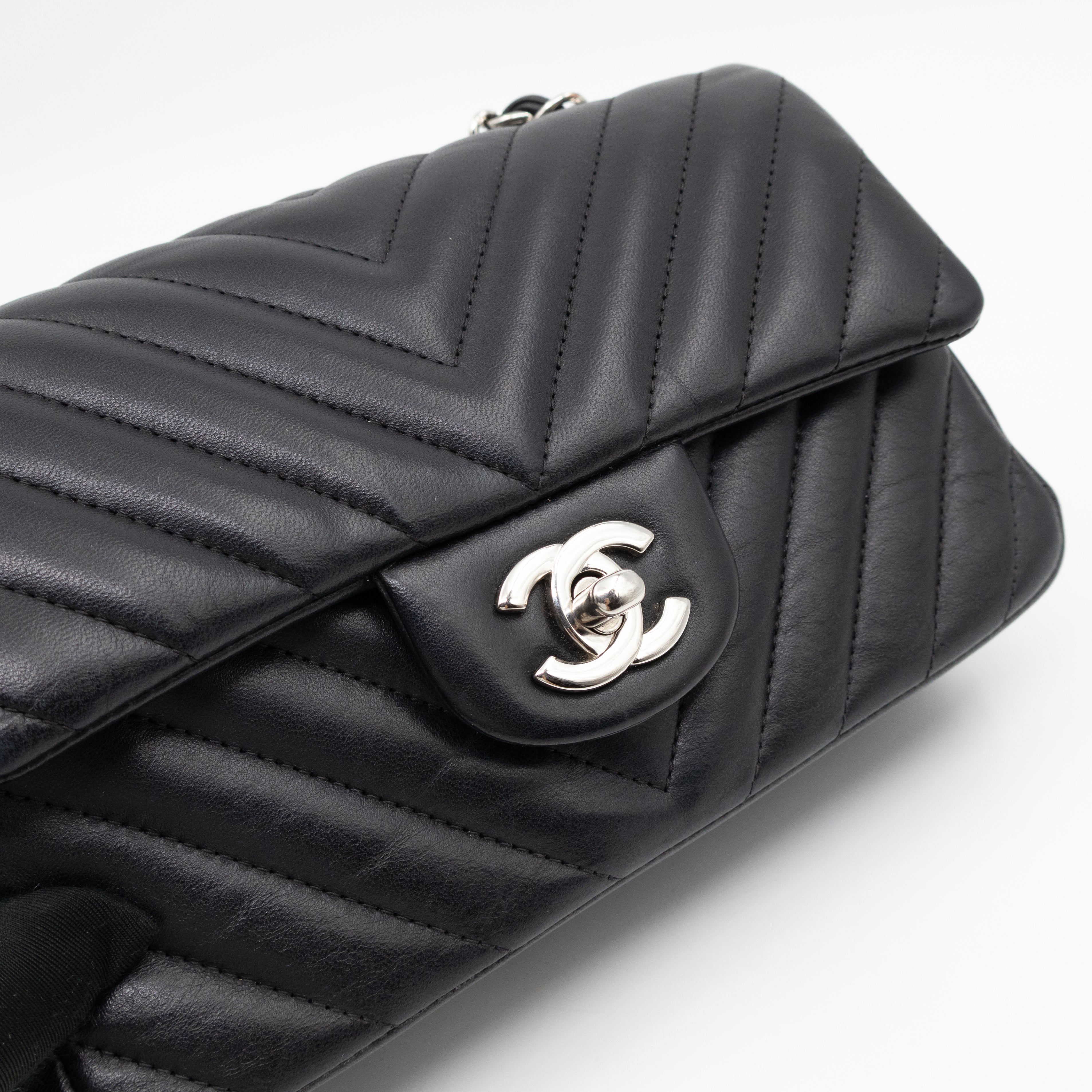 Classic Flap Mini Rectangular Black Chevron Lambskin Leather