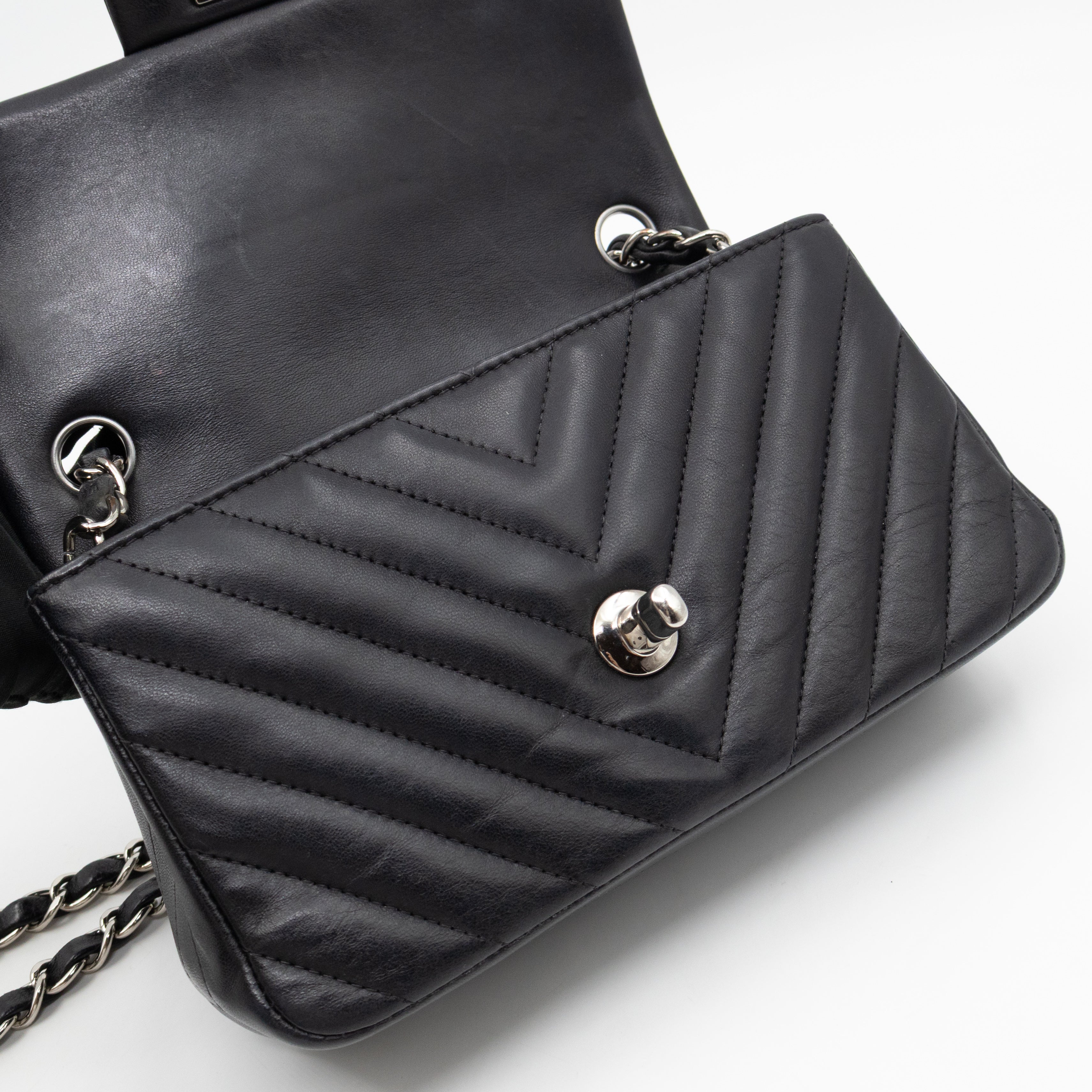 Classic Flap Mini Rectangular Black Chevron Lambskin Leather