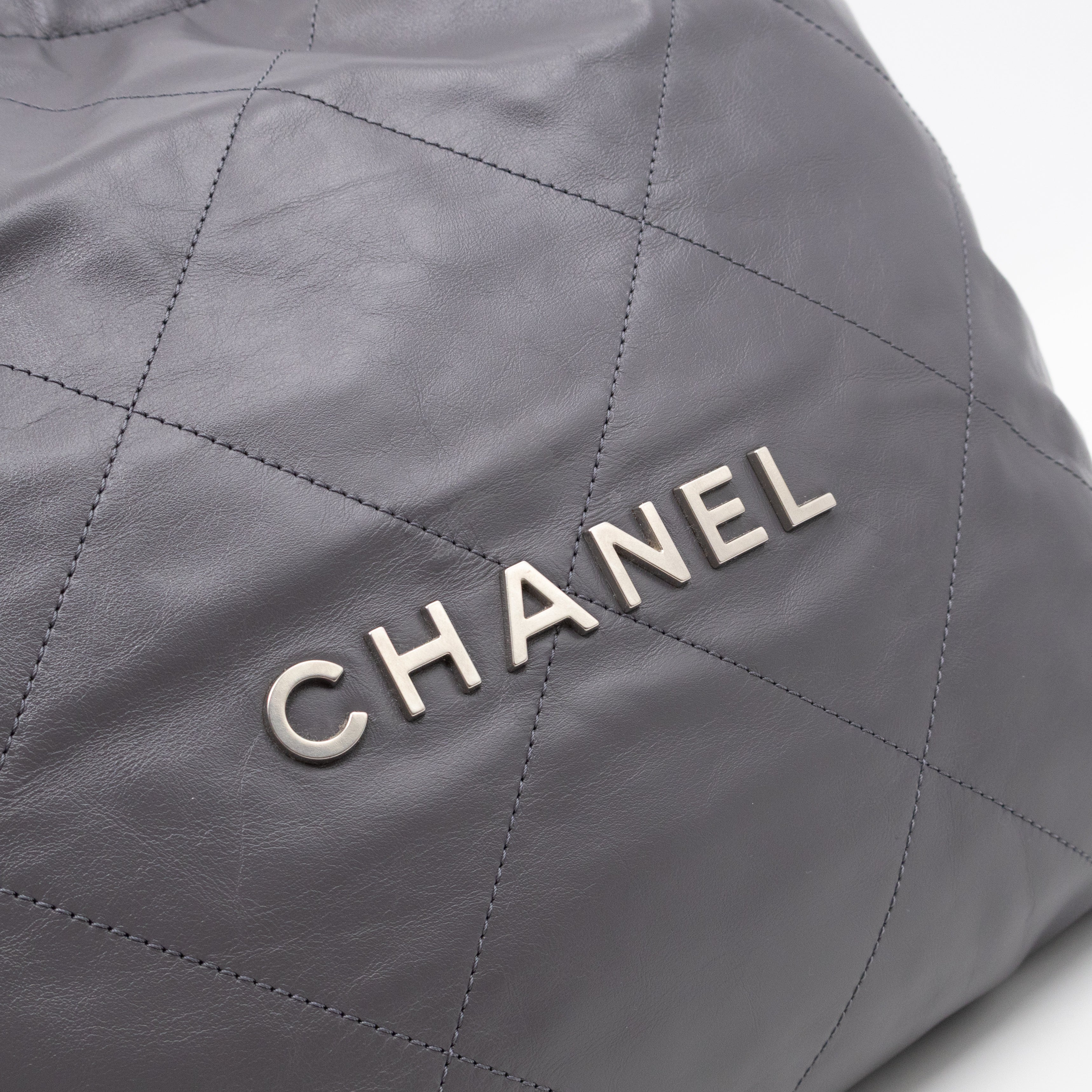 22 Small Dark Grey Calfskin Leather Silver