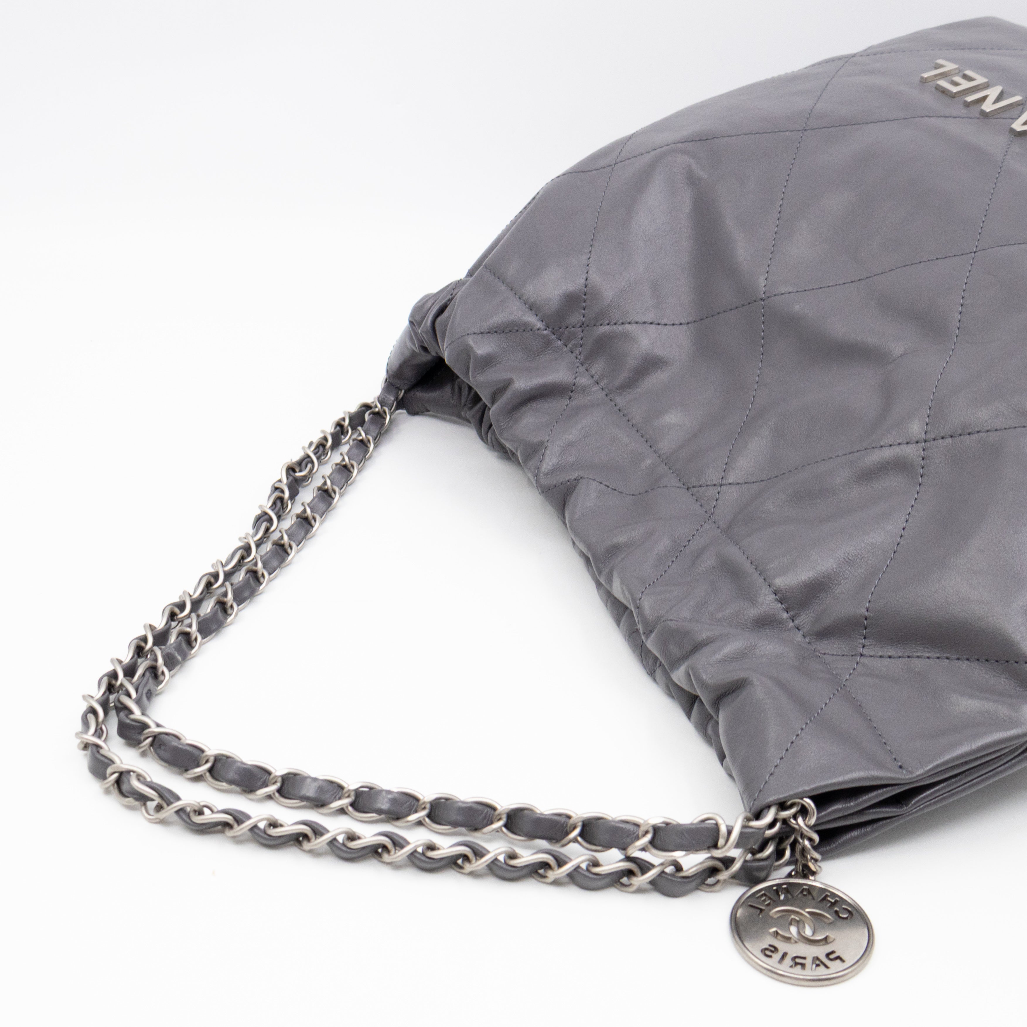 22 Small Dark Grey Calfskin Leather Silver