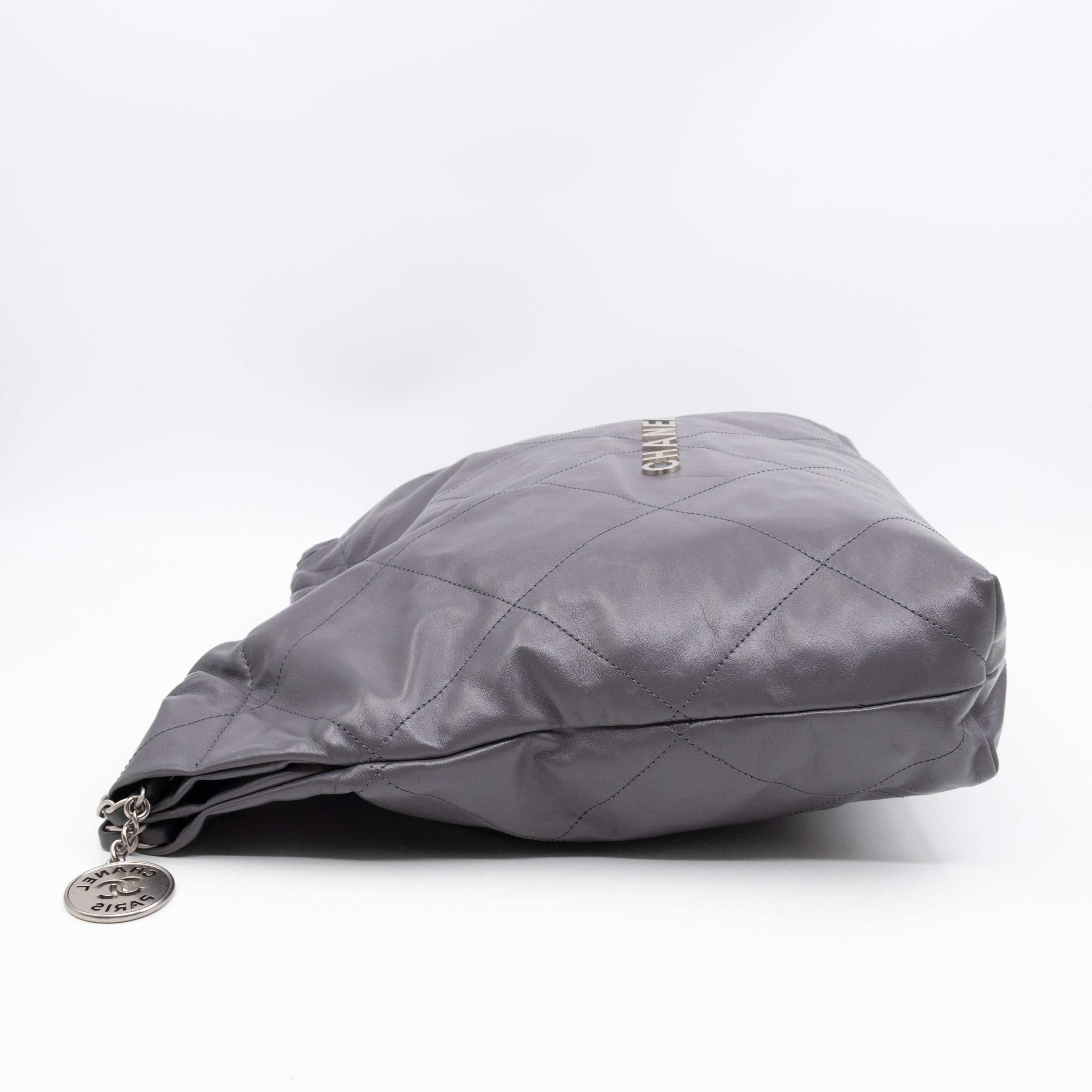 22 Small Dark Grey Calfskin Leather Silver