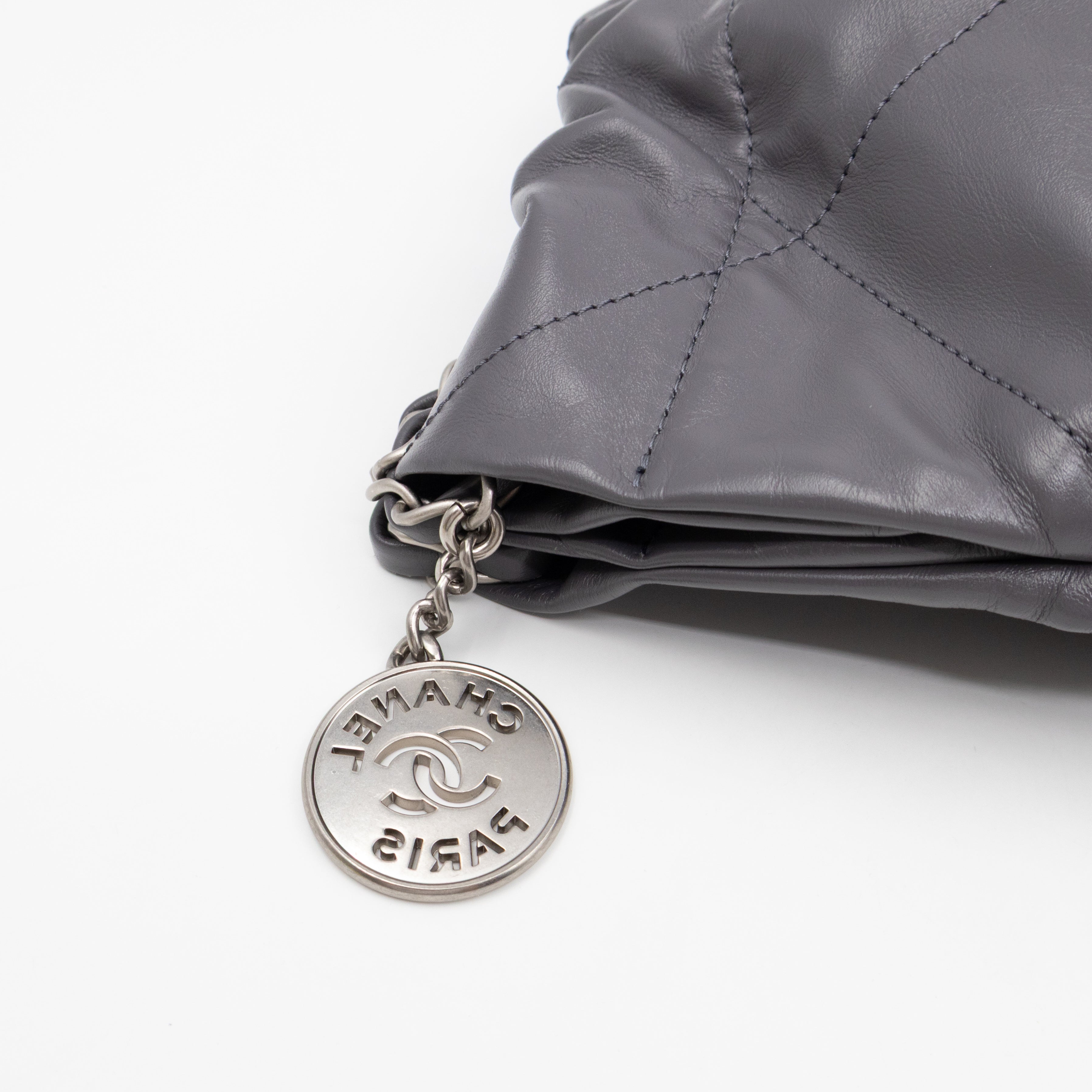 22 Small Dark Grey Calfskin Leather Silver