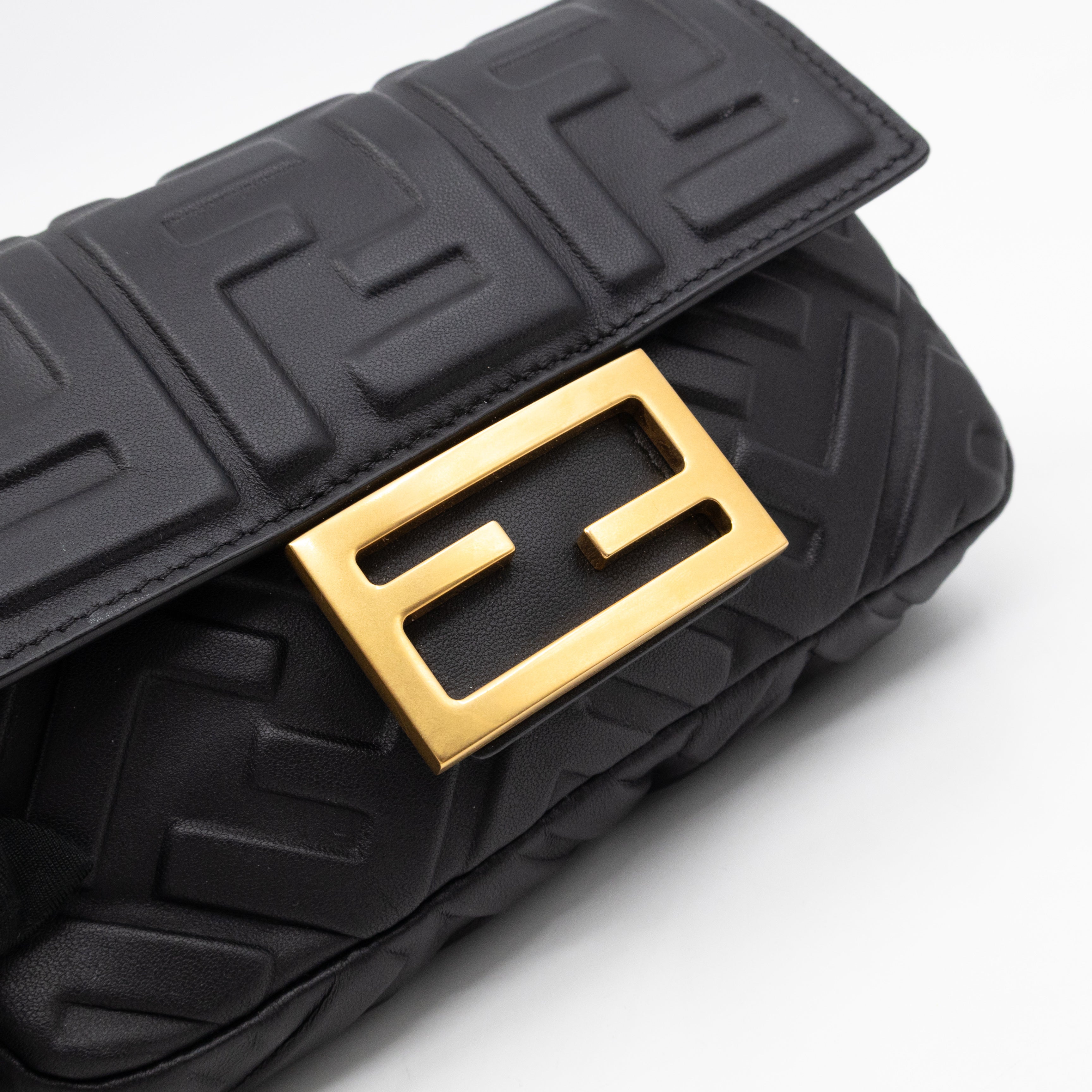 Mini Baguette Black FF Embossed Nappa Leather