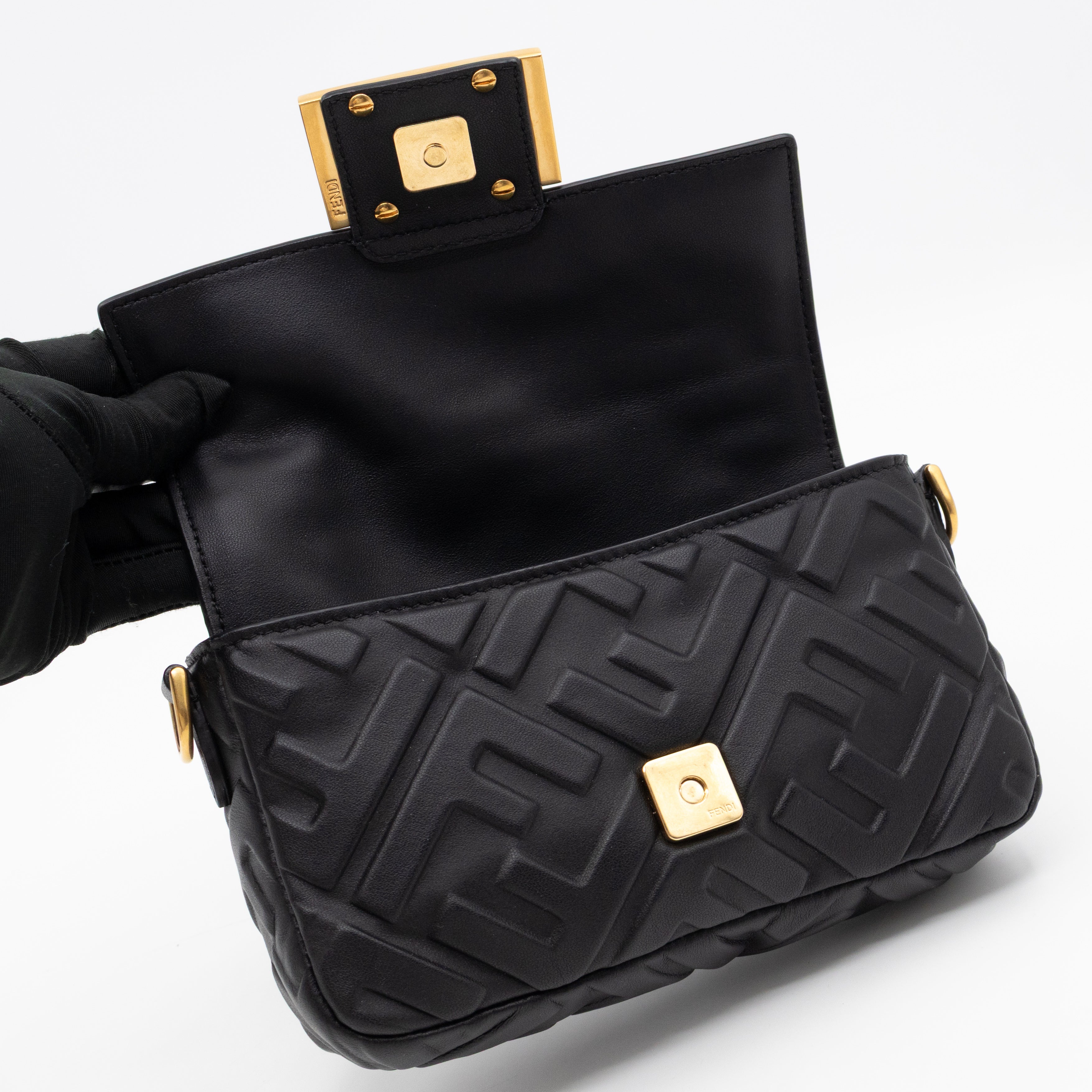 Mini Baguette Black FF Embossed Nappa Leather