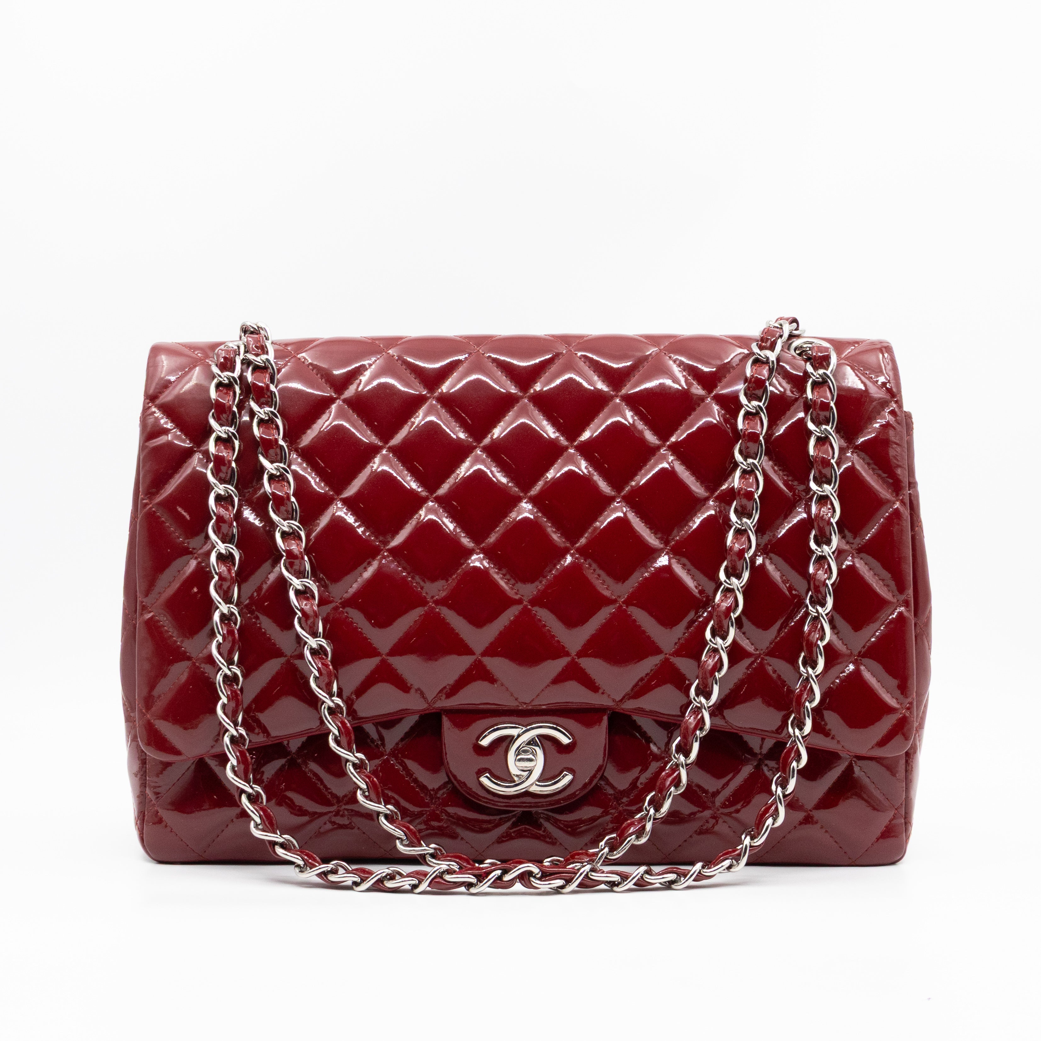 Classic Double Flap Maxi Red Patent Leather Silver