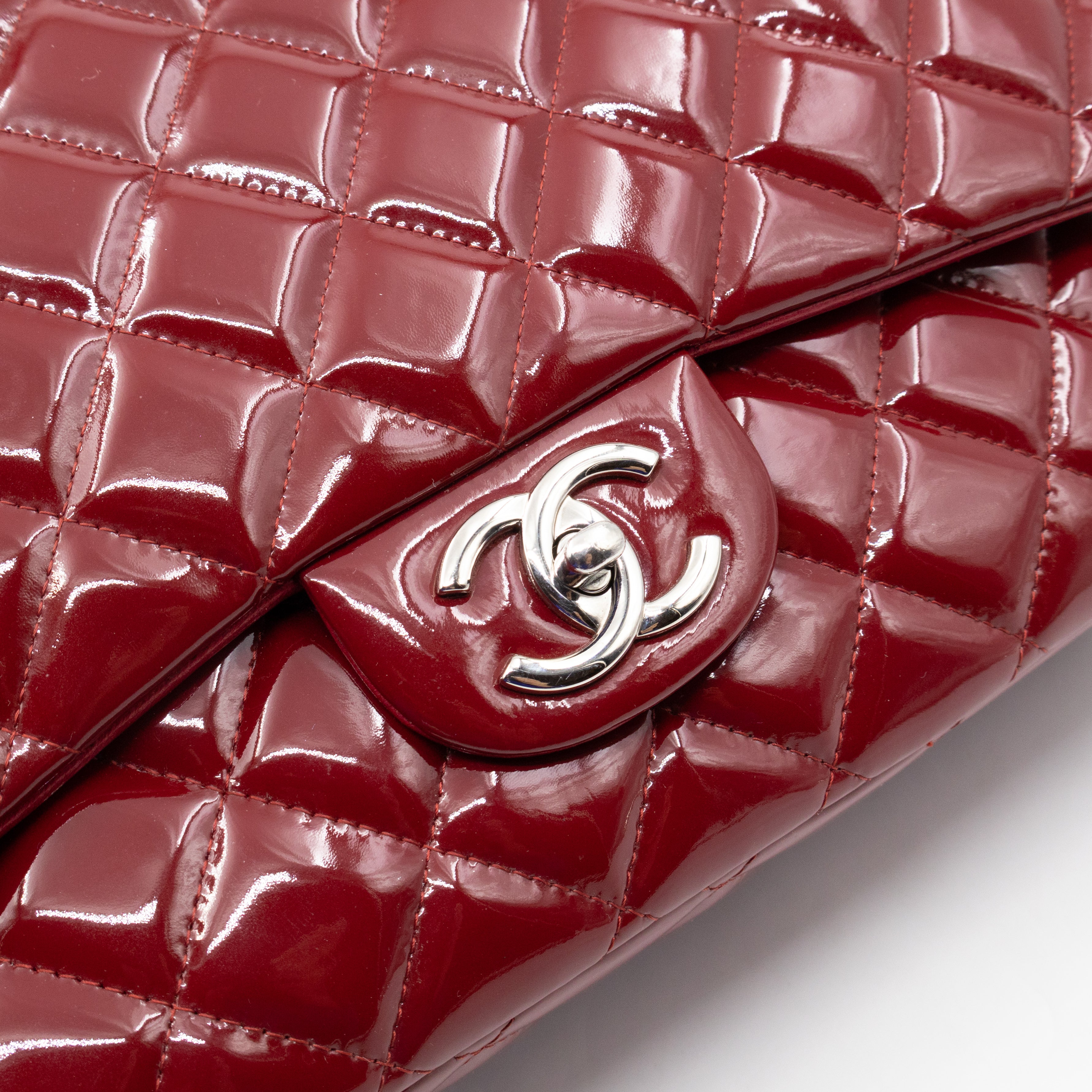 Classic Double Flap Maxi Red Patent Leather Silver