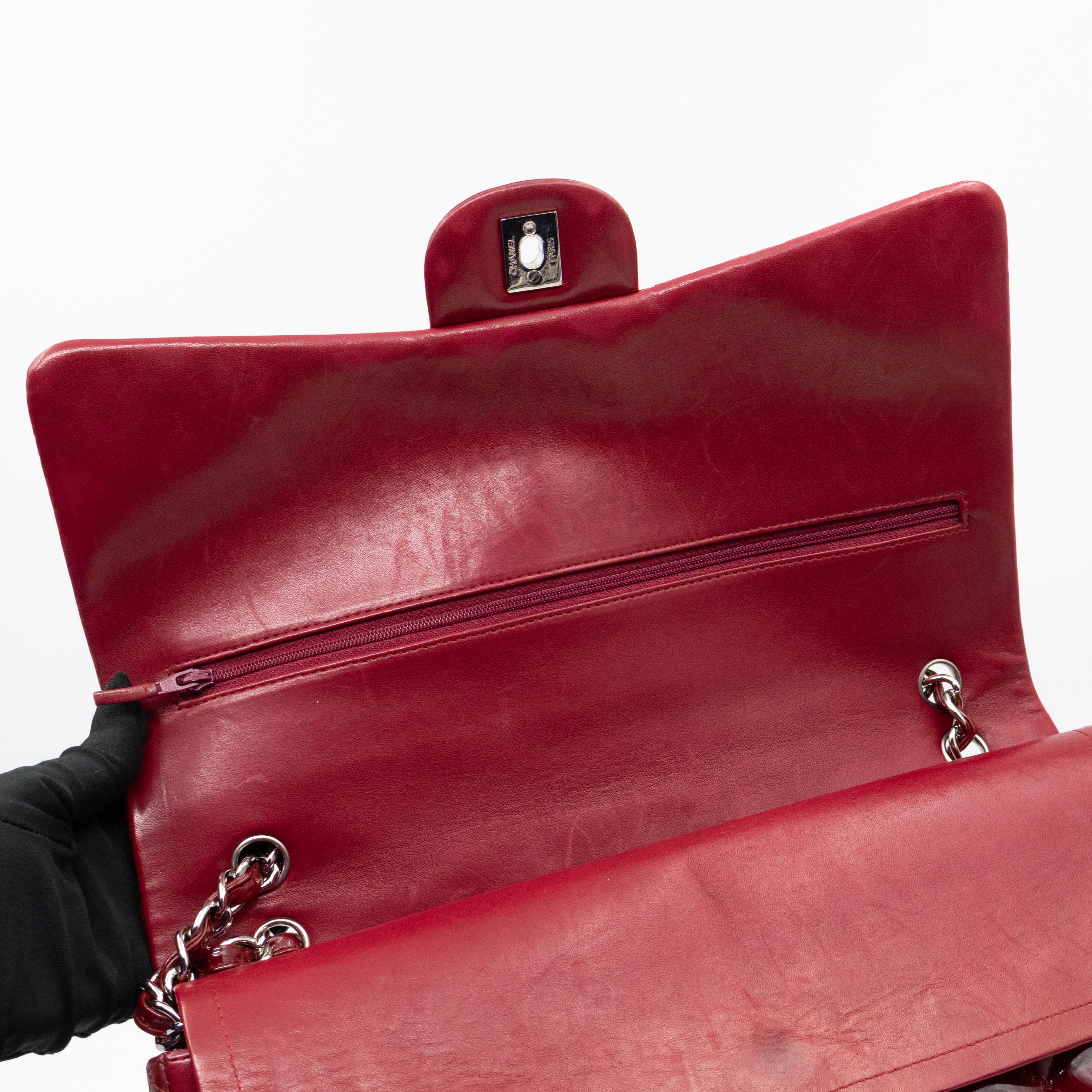 Classic Double Flap Maxi Red Patent Leather Silver