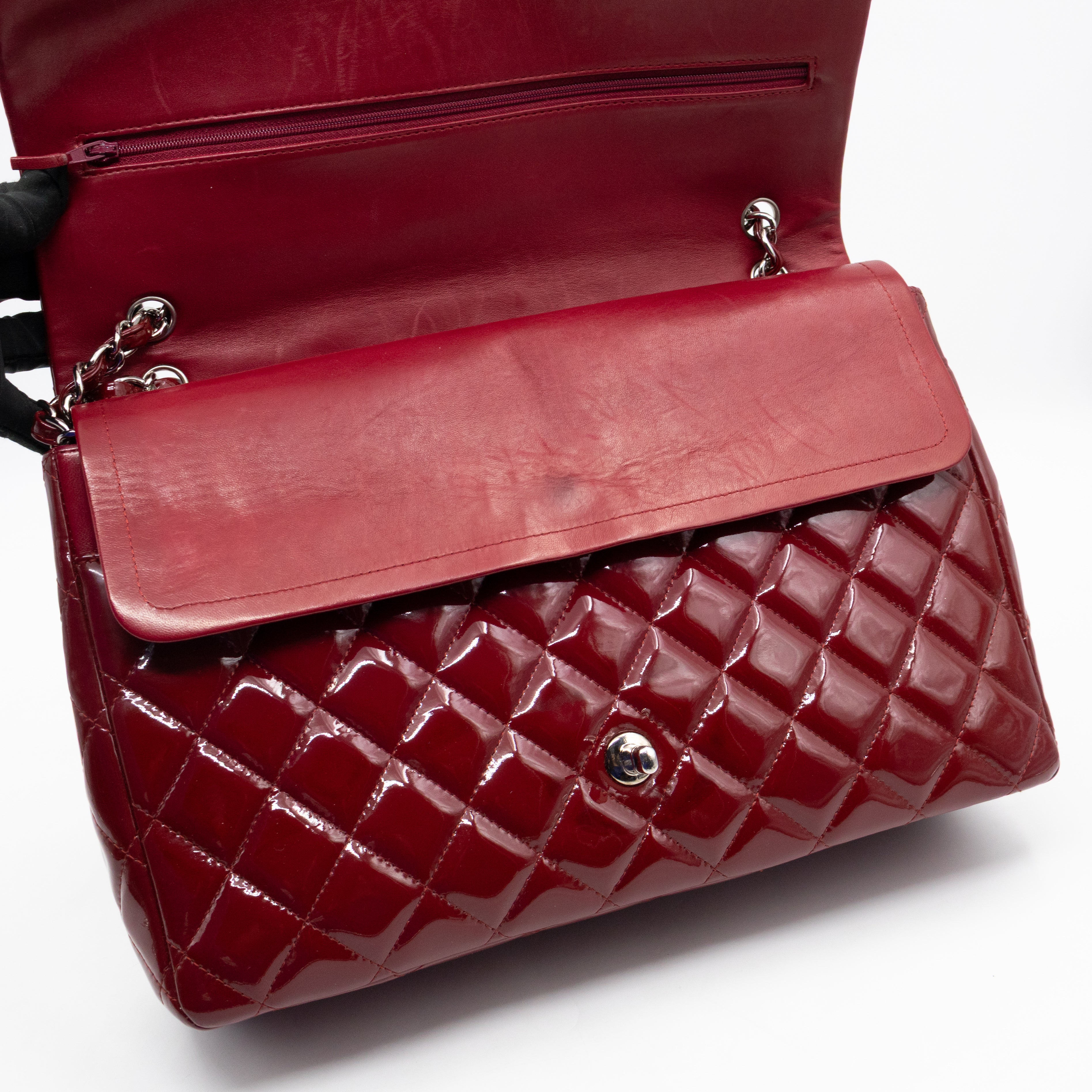 Classic Double Flap Maxi Red Patent Leather Silver