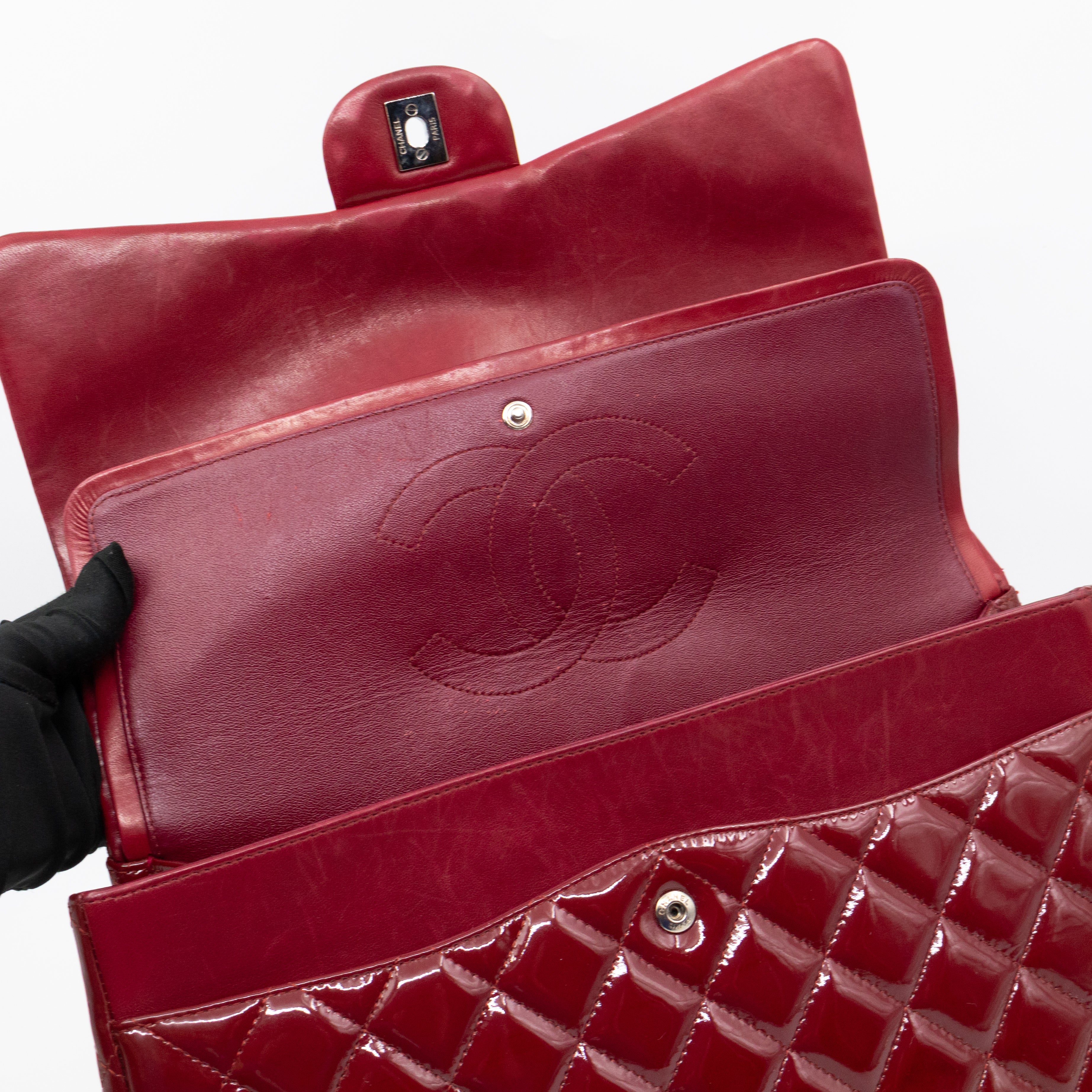 Classic Double Flap Maxi Red Patent Leather Silver