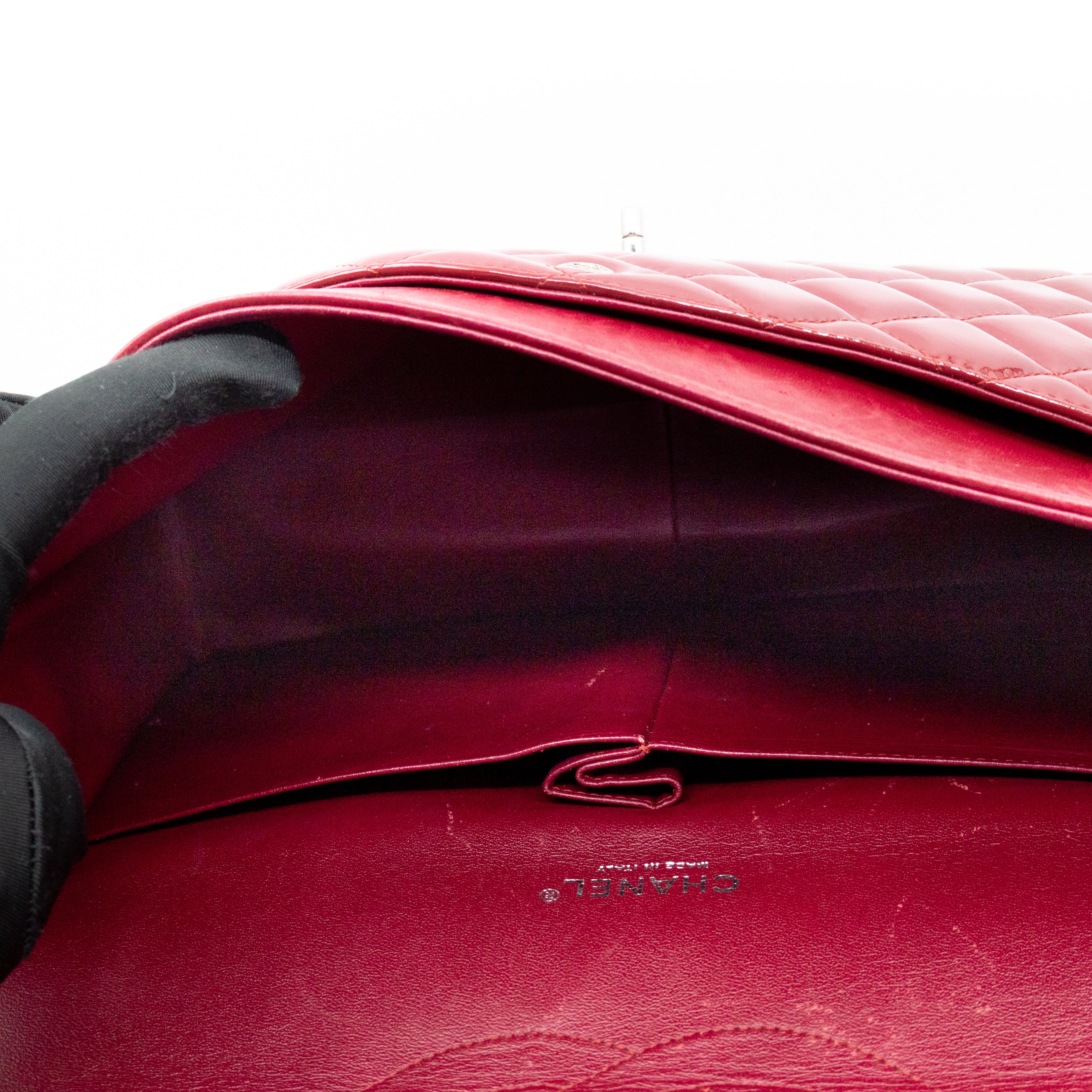 Classic Double Flap Maxi Red Patent Leather Silver