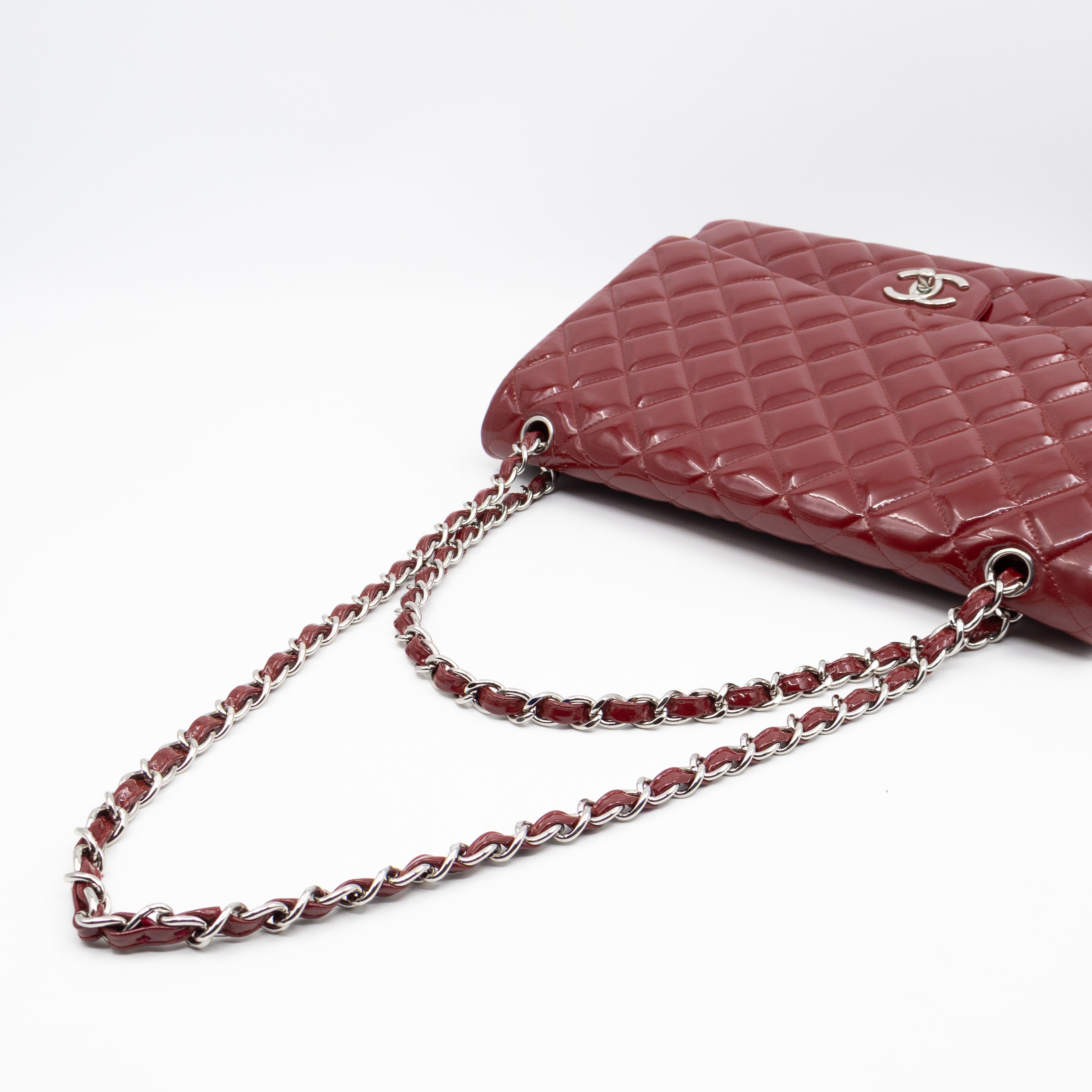 Classic Double Flap Maxi Red Patent Leather Silver