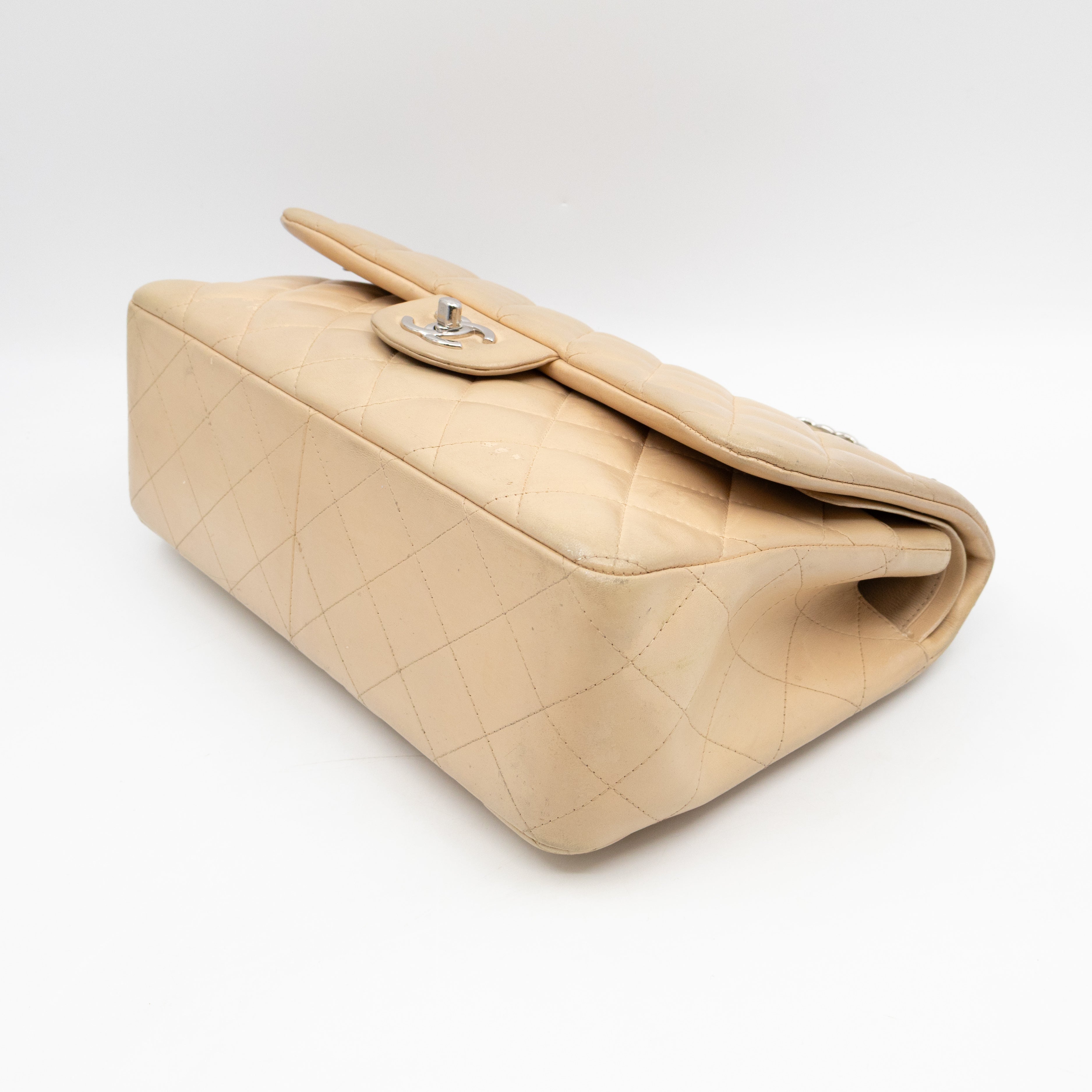 Classic Double Flap Jumbo Beige Lambskin Leather Silver