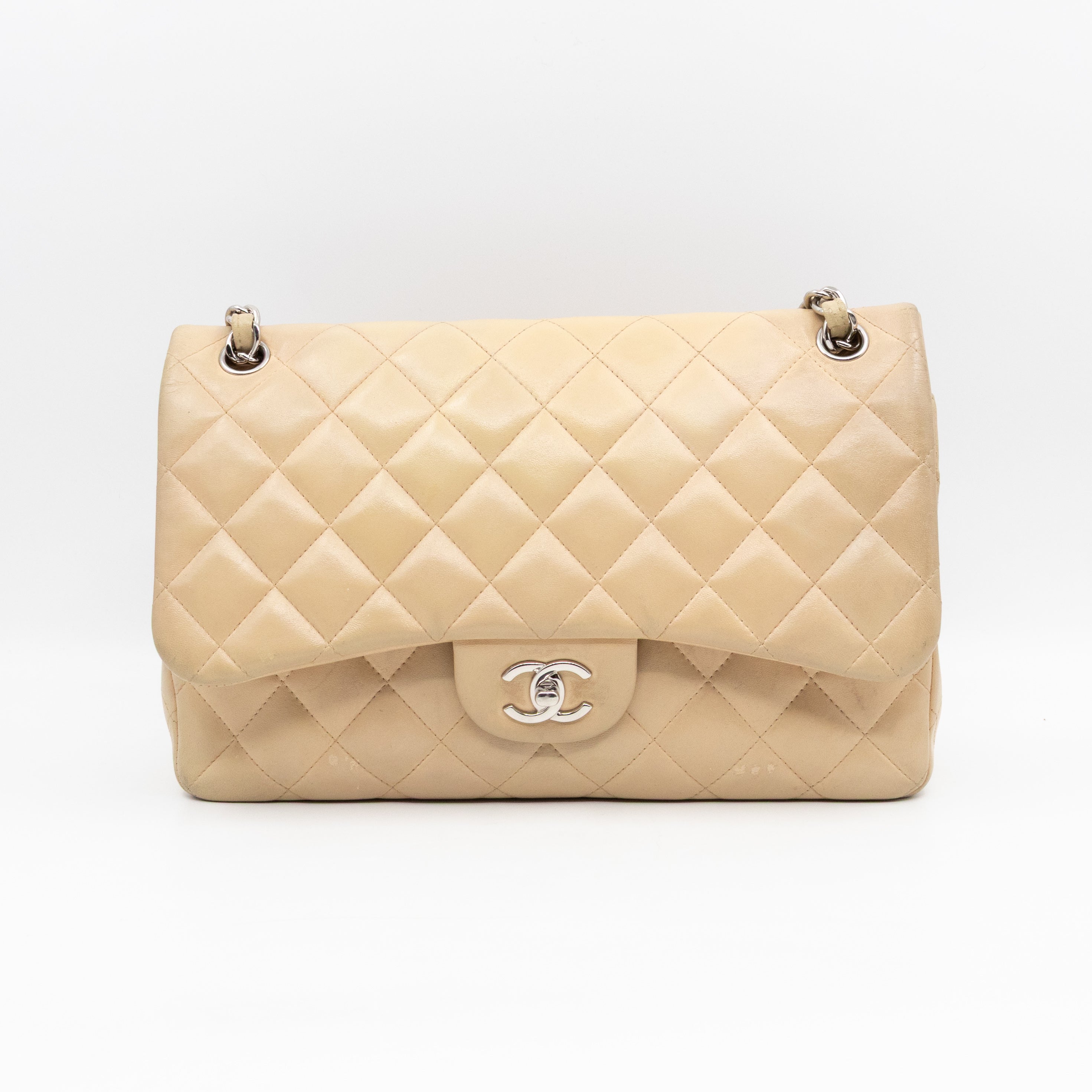 Classic Double Flap Jumbo Beige Lambskin Leather Silver