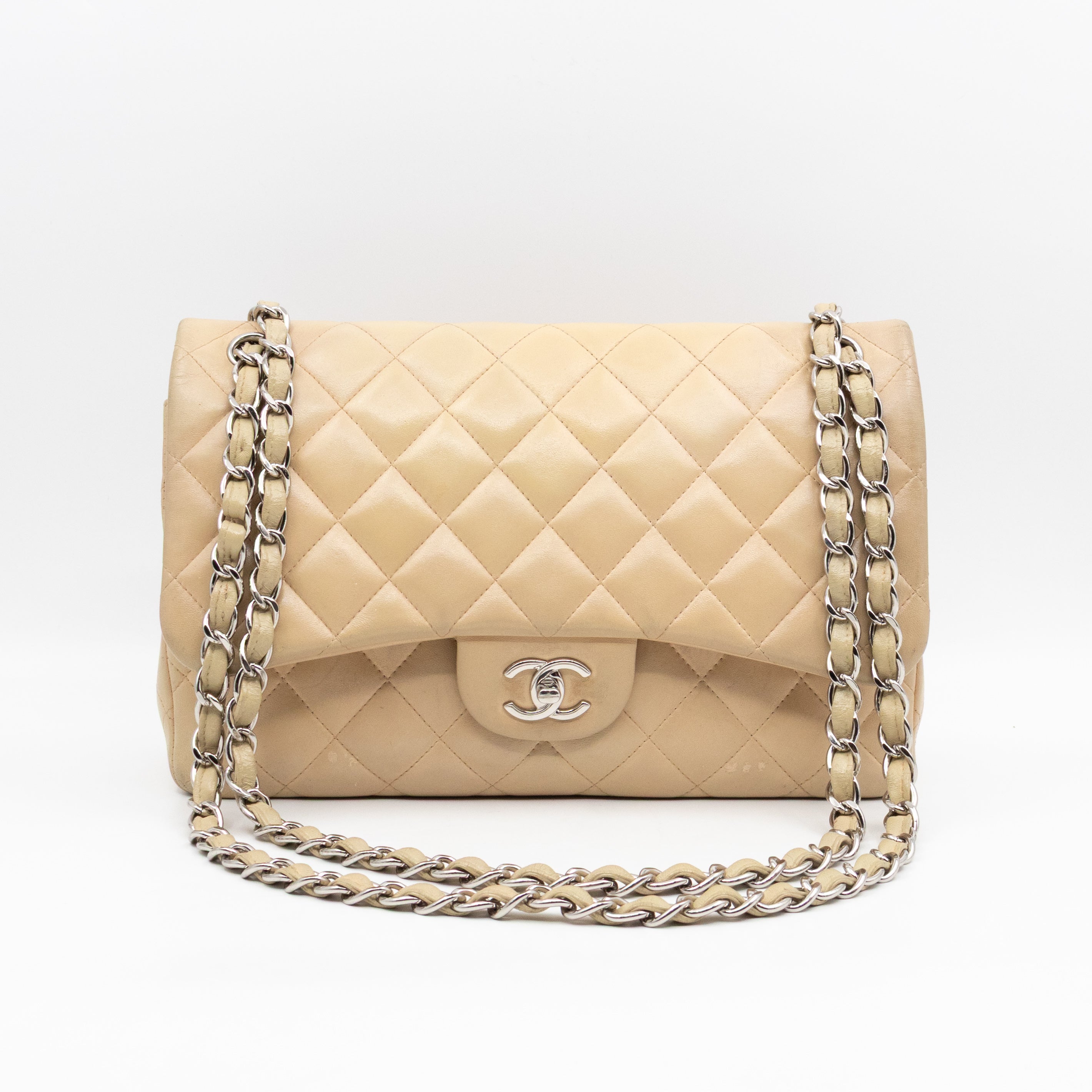 Classic Double Flap Jumbo Beige Lambskin Leather Silver