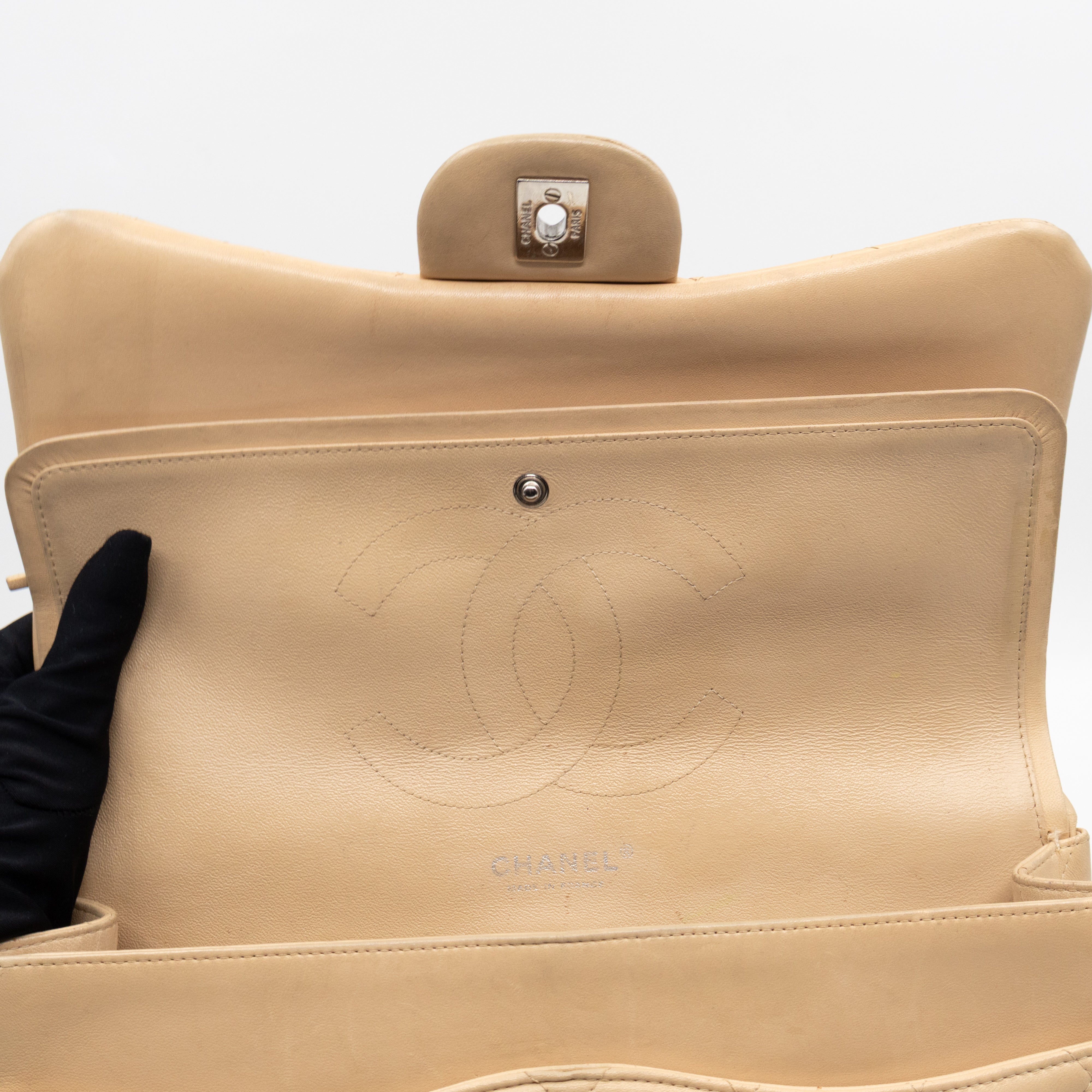 Classic Double Flap Jumbo Beige Lambskin Leather Silver