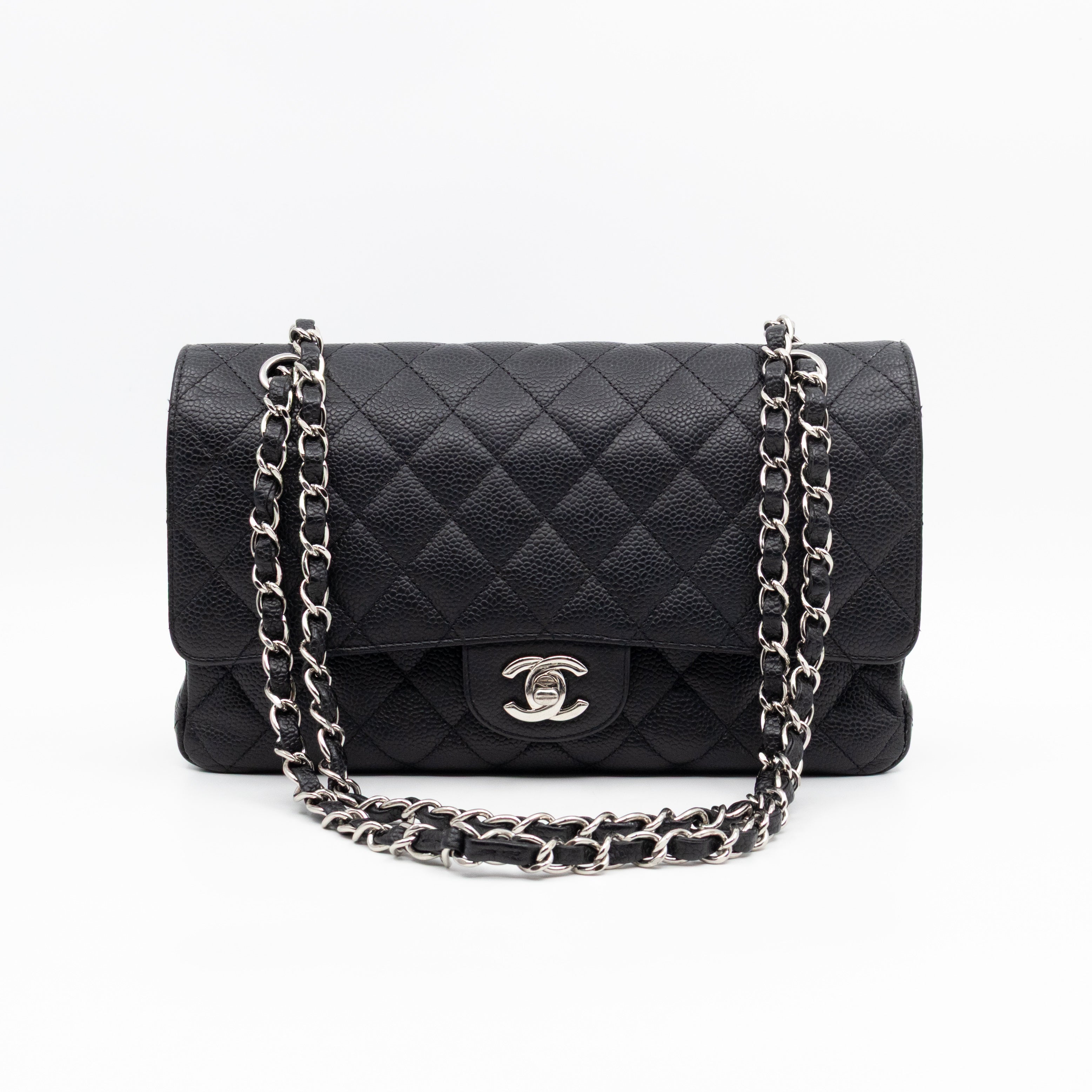 Classic Double Flap Medium Black Caviar Leather Silver