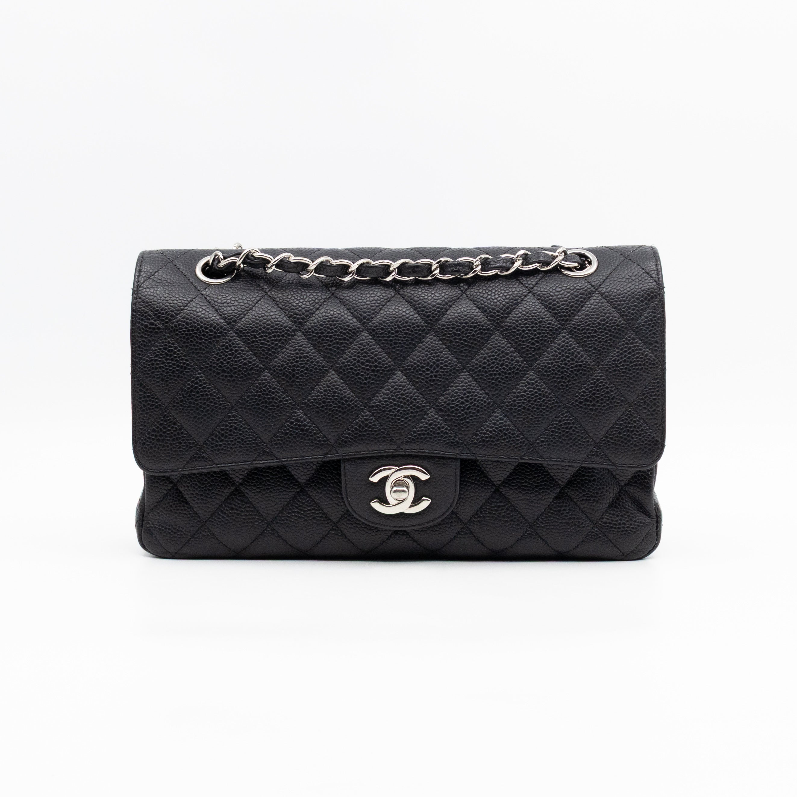 Classic Double Flap Medium Black Caviar Leather Silver
