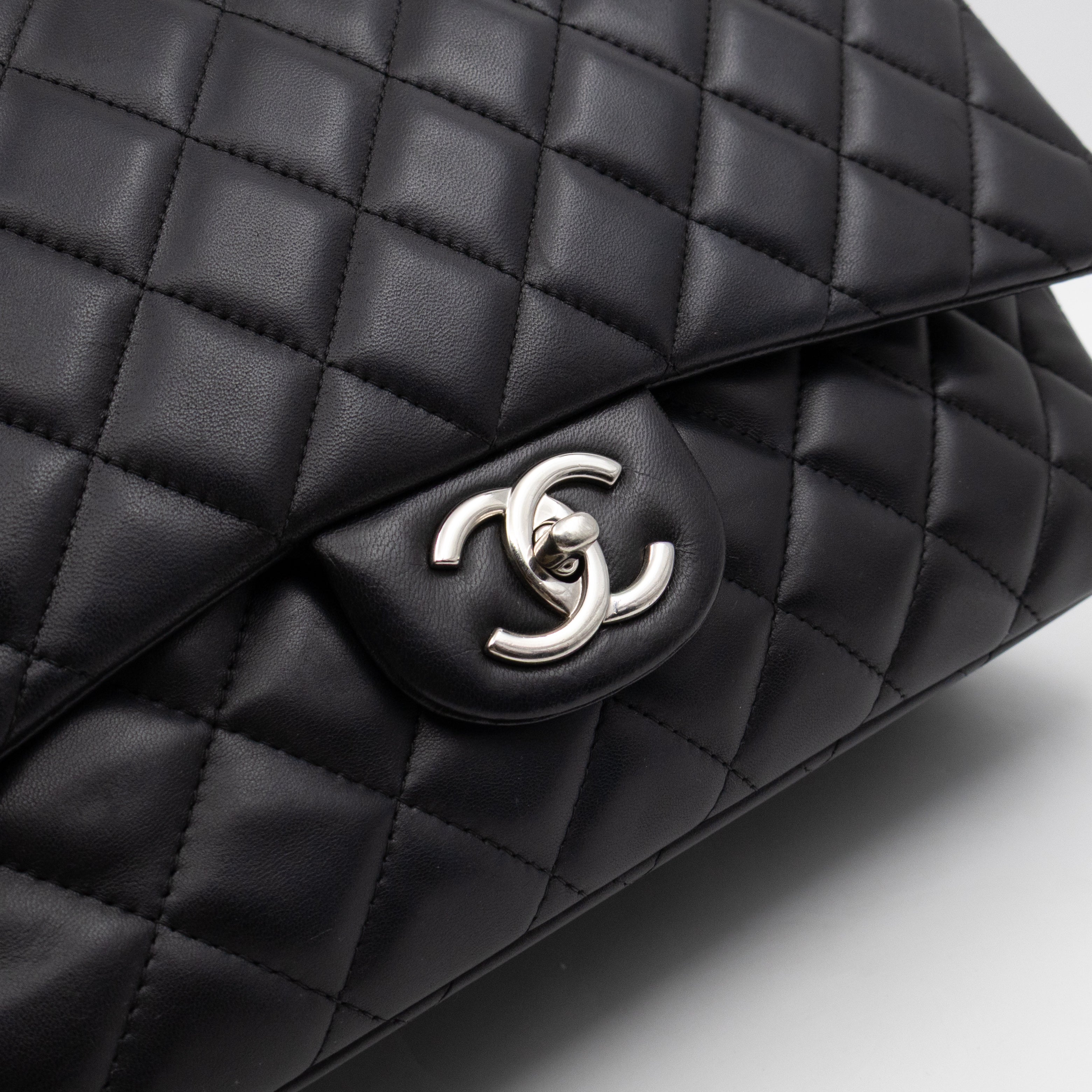 Classic Double Flap Maxi Black Lambskin Leather Silver