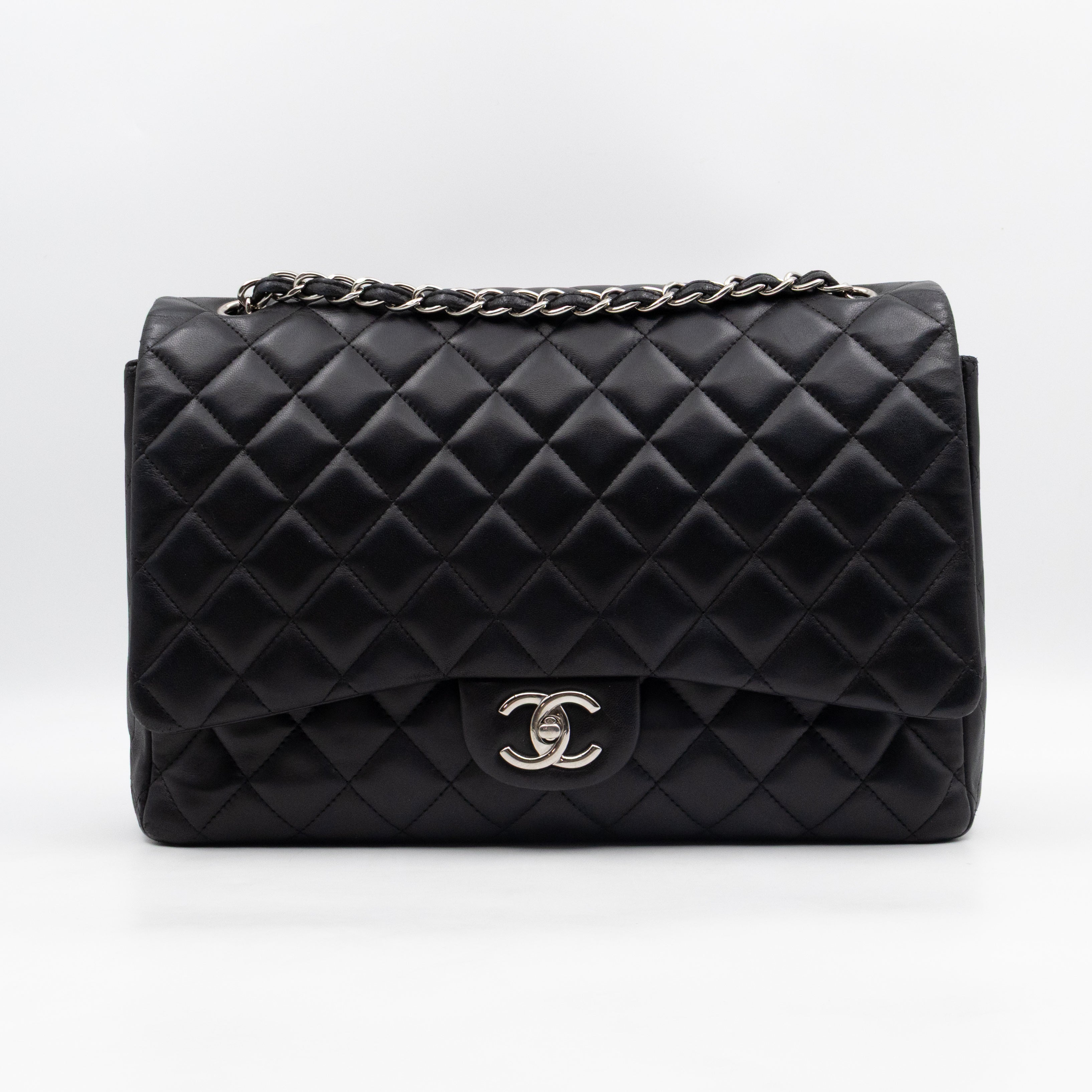 Classic Double Flap Maxi Black Lambskin Leather Silver