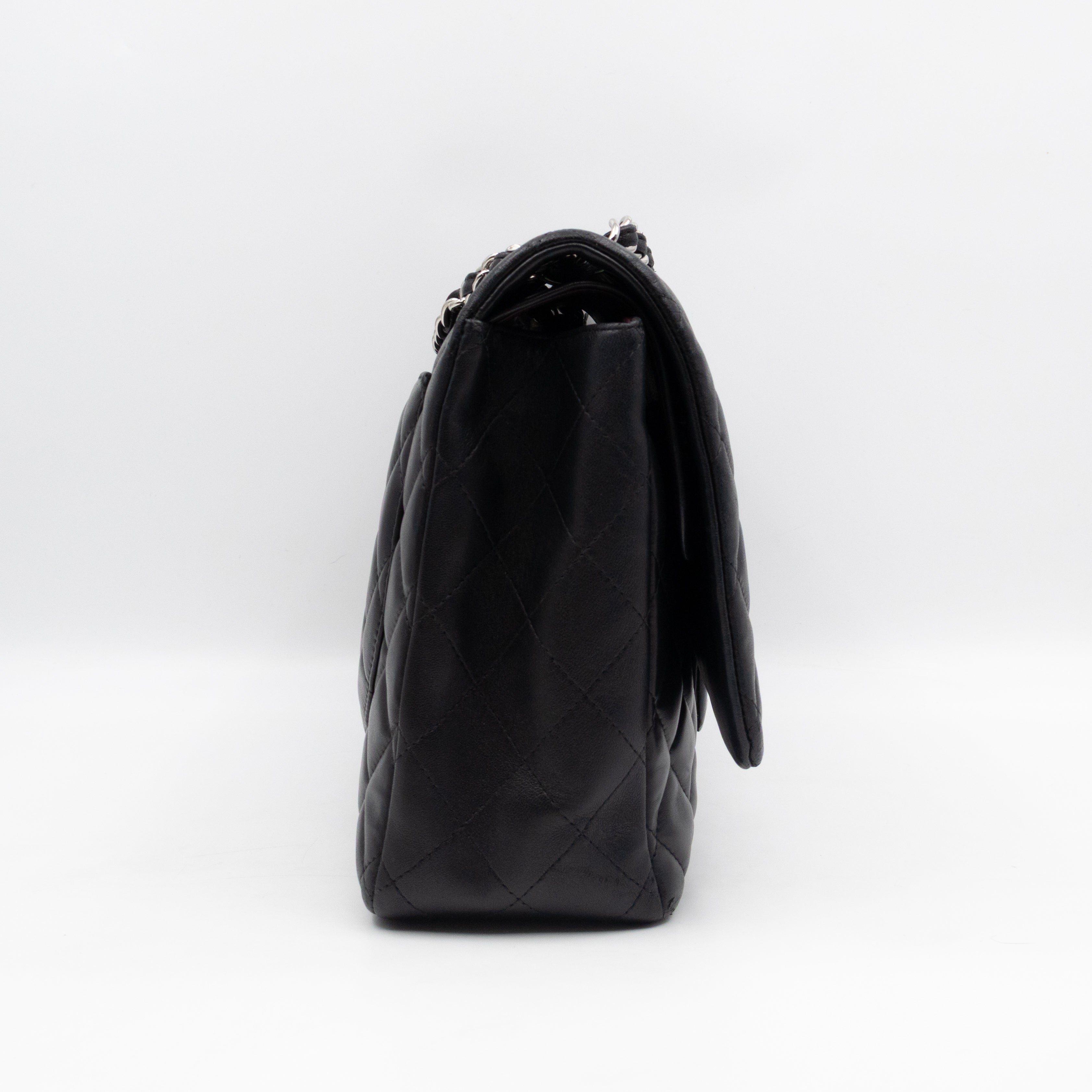 Classic Double Flap Maxi Black Lambskin Leather Silver