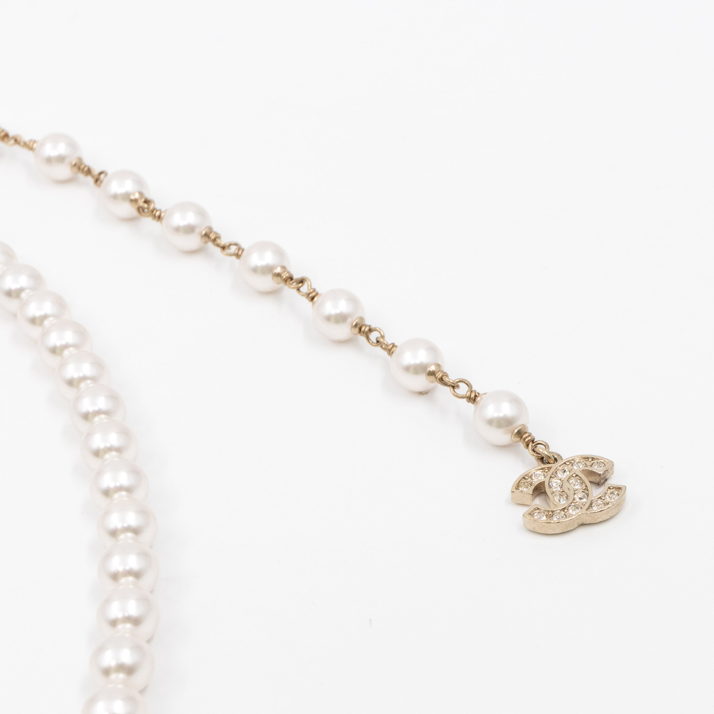 Crystal Chanel Logo Pearl Necklace
