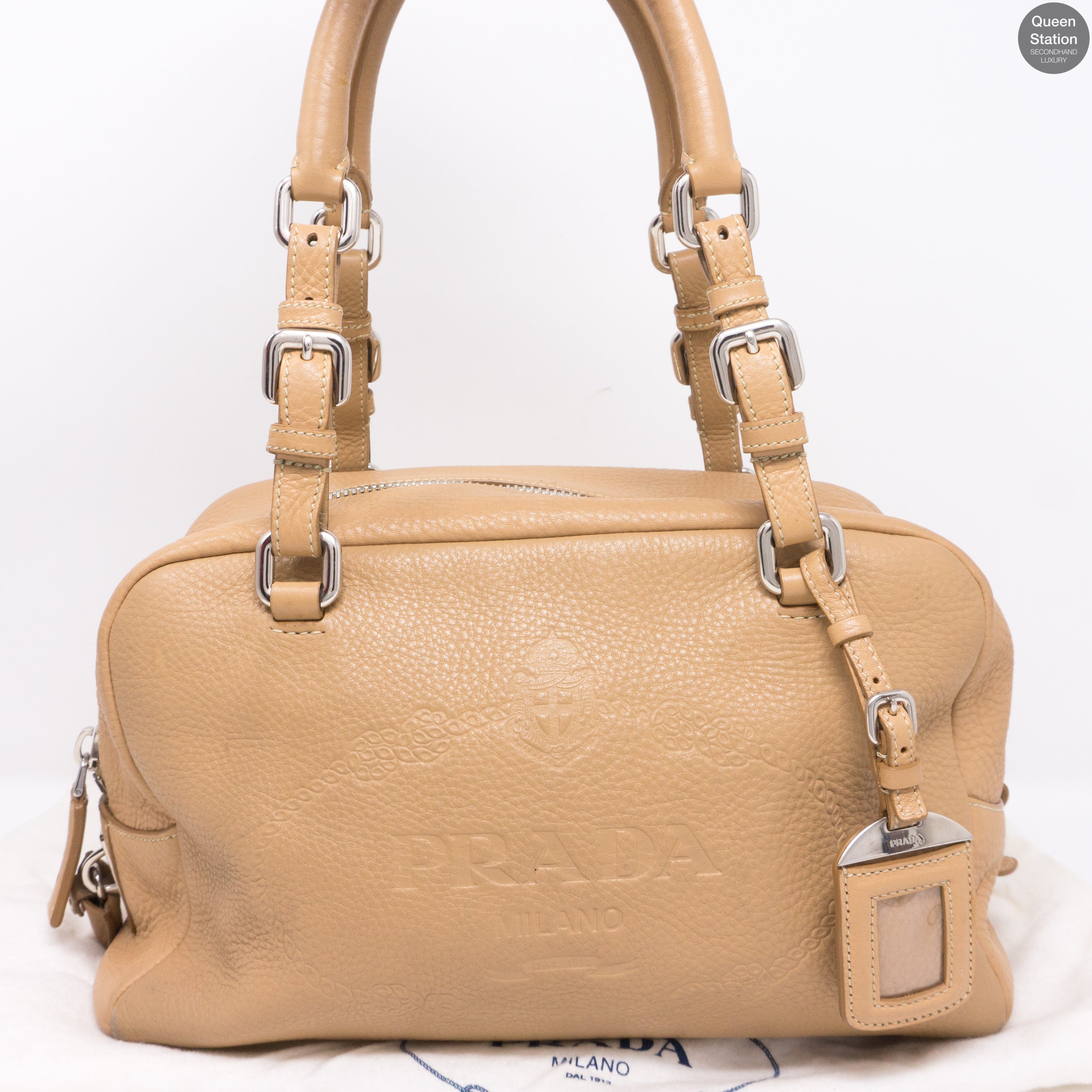 Soft Beige Leather Boston Bag