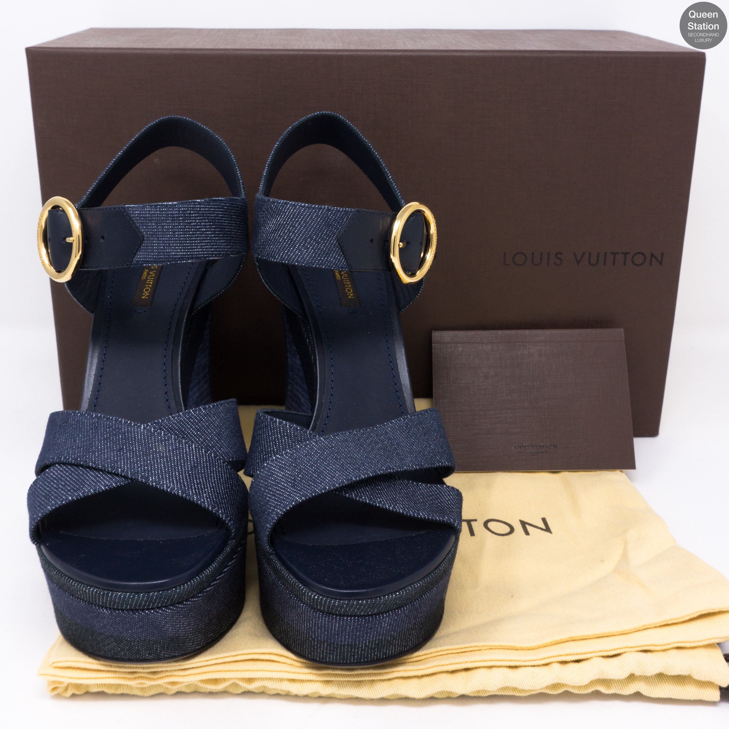 Louis Vuitton Black Monogram Denim Blue Oasis Wedge Sandals Size