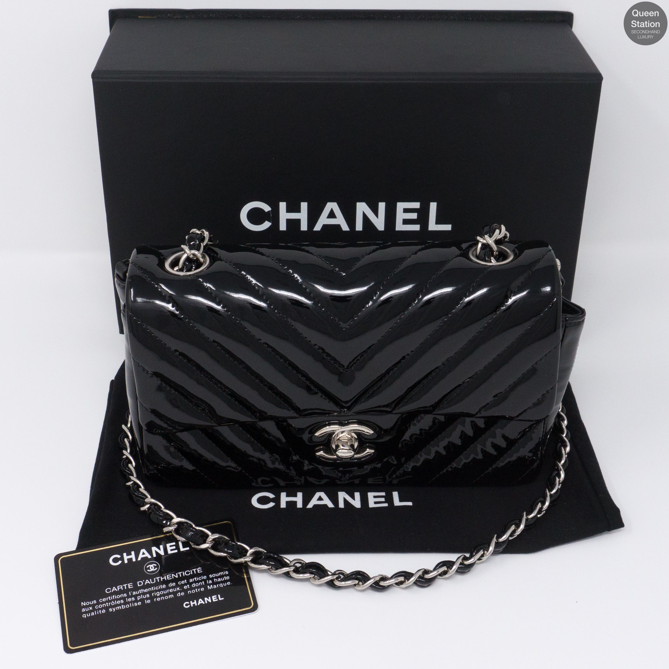 Chevron Rectangular Mini Flap Black Patent Leather Bag