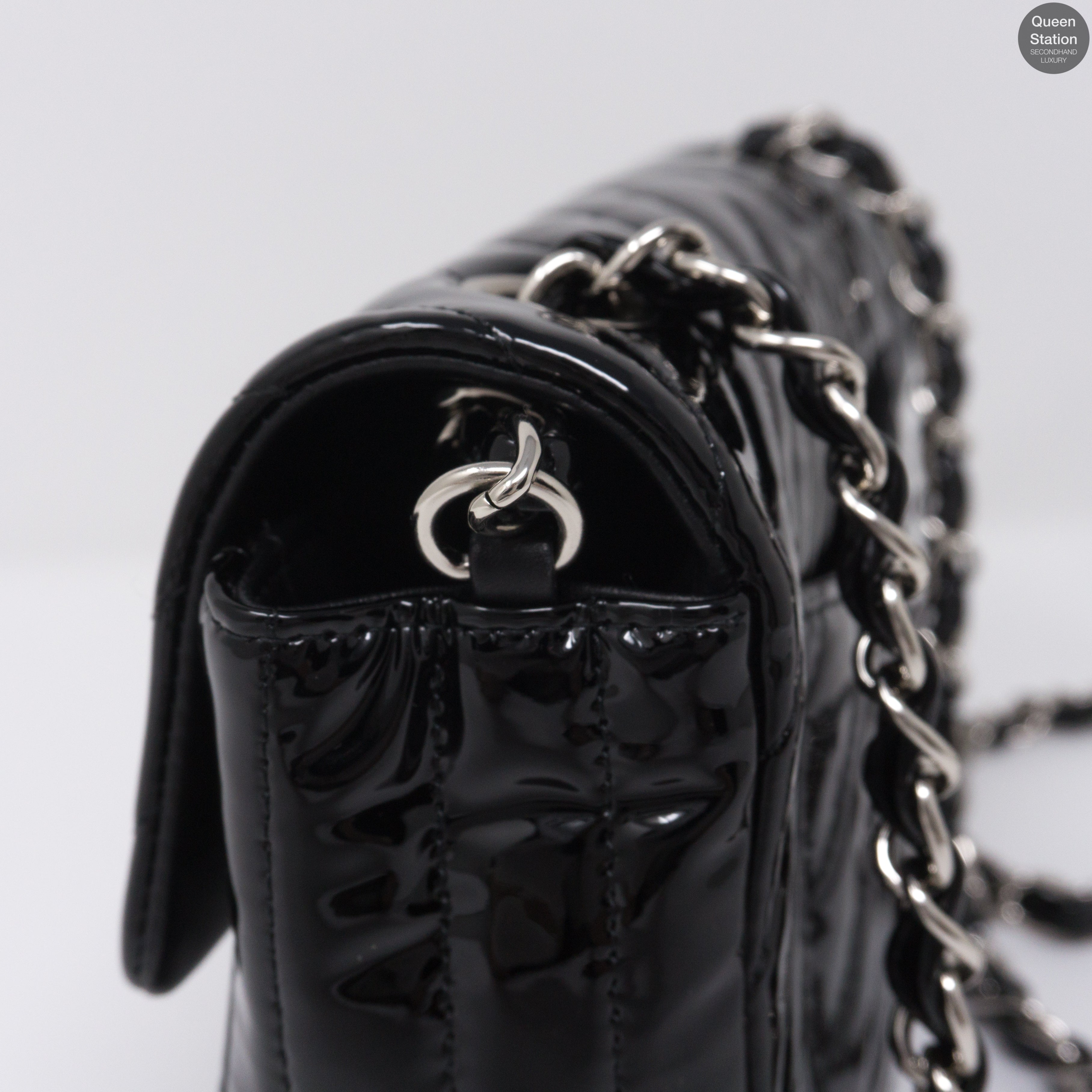 Chevron Rectangular Mini Flap Black Patent Leather Bag