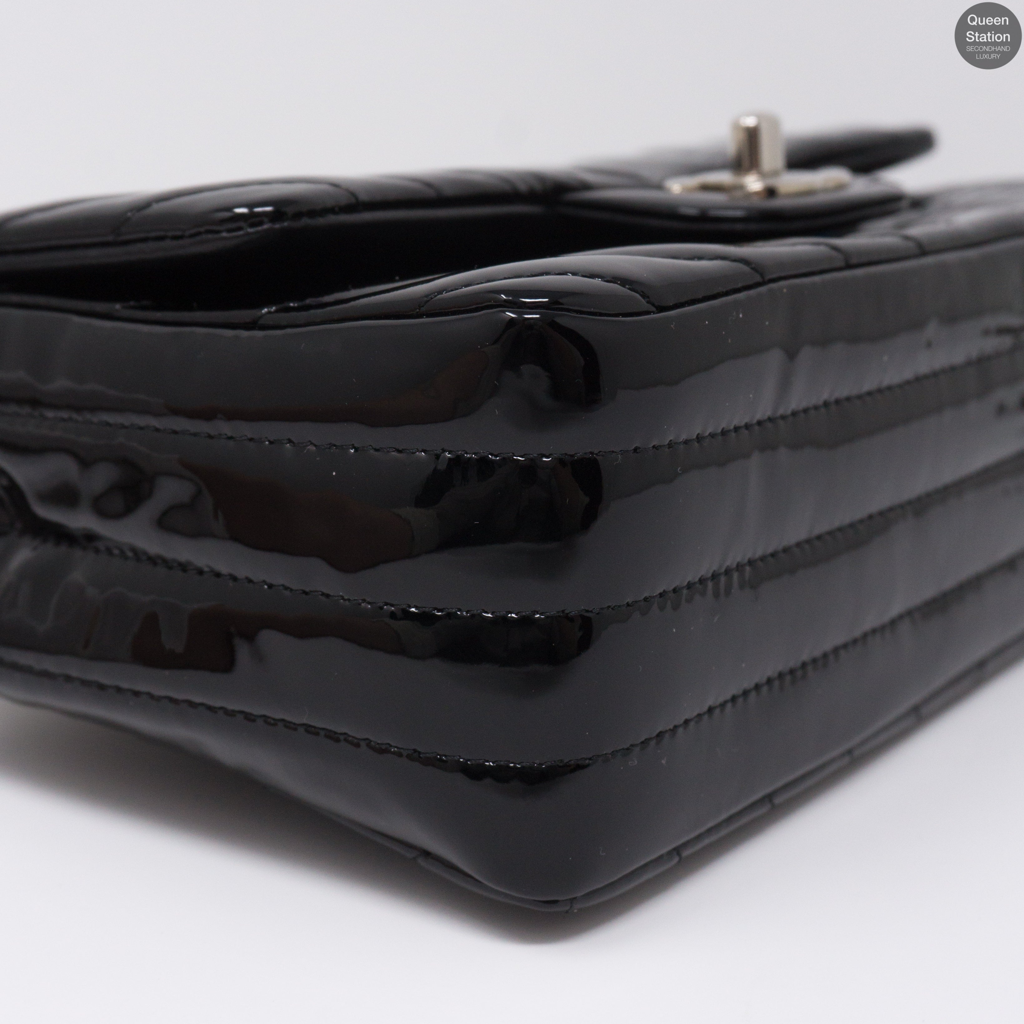 Chevron Rectangular Mini Flap Black Patent Leather Bag