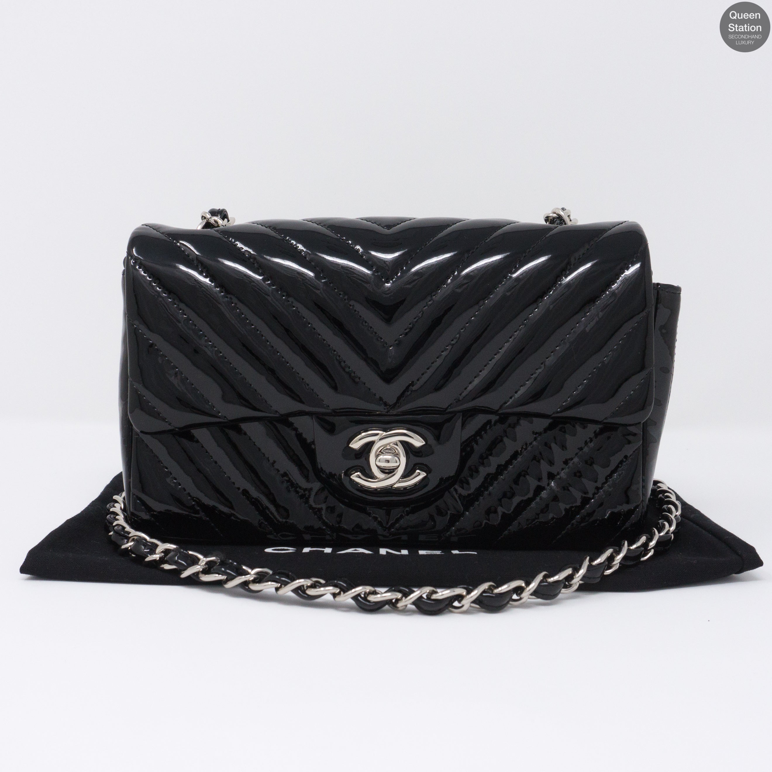 Chevron Rectangular Mini Flap Black Patent Leather Bag