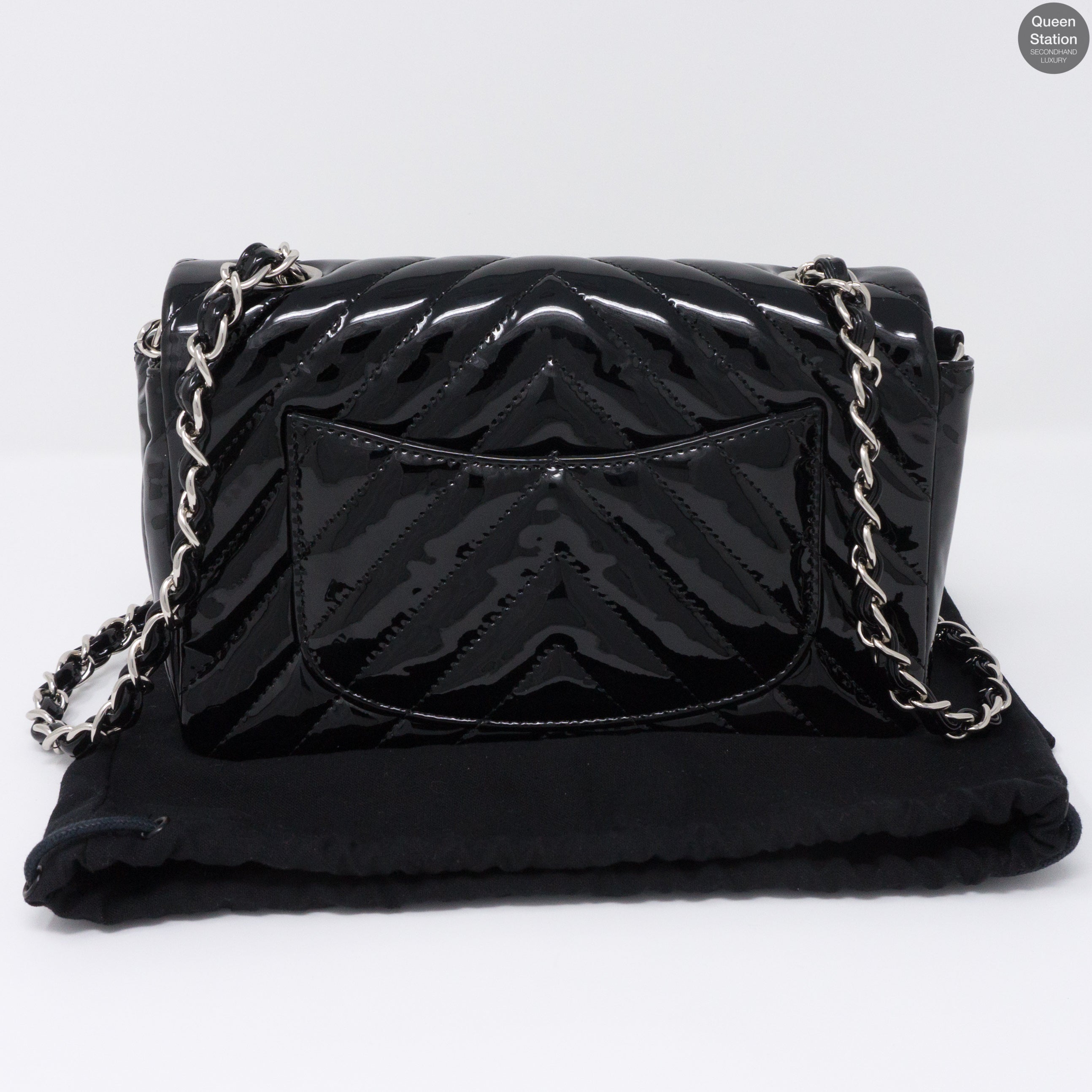 Chevron Rectangular Mini Flap Black Patent Leather Bag