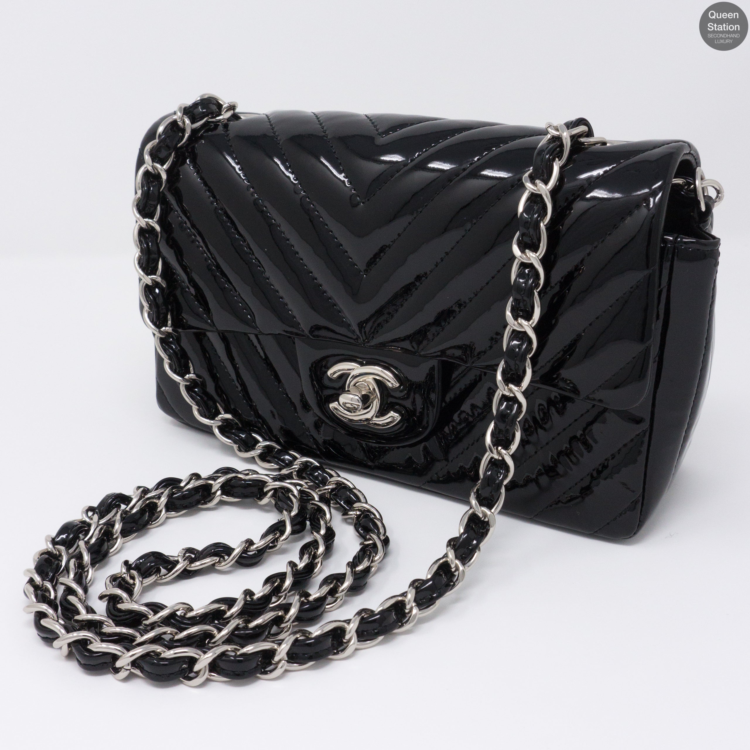 Chevron Rectangular Mini Flap Black Patent Leather Bag