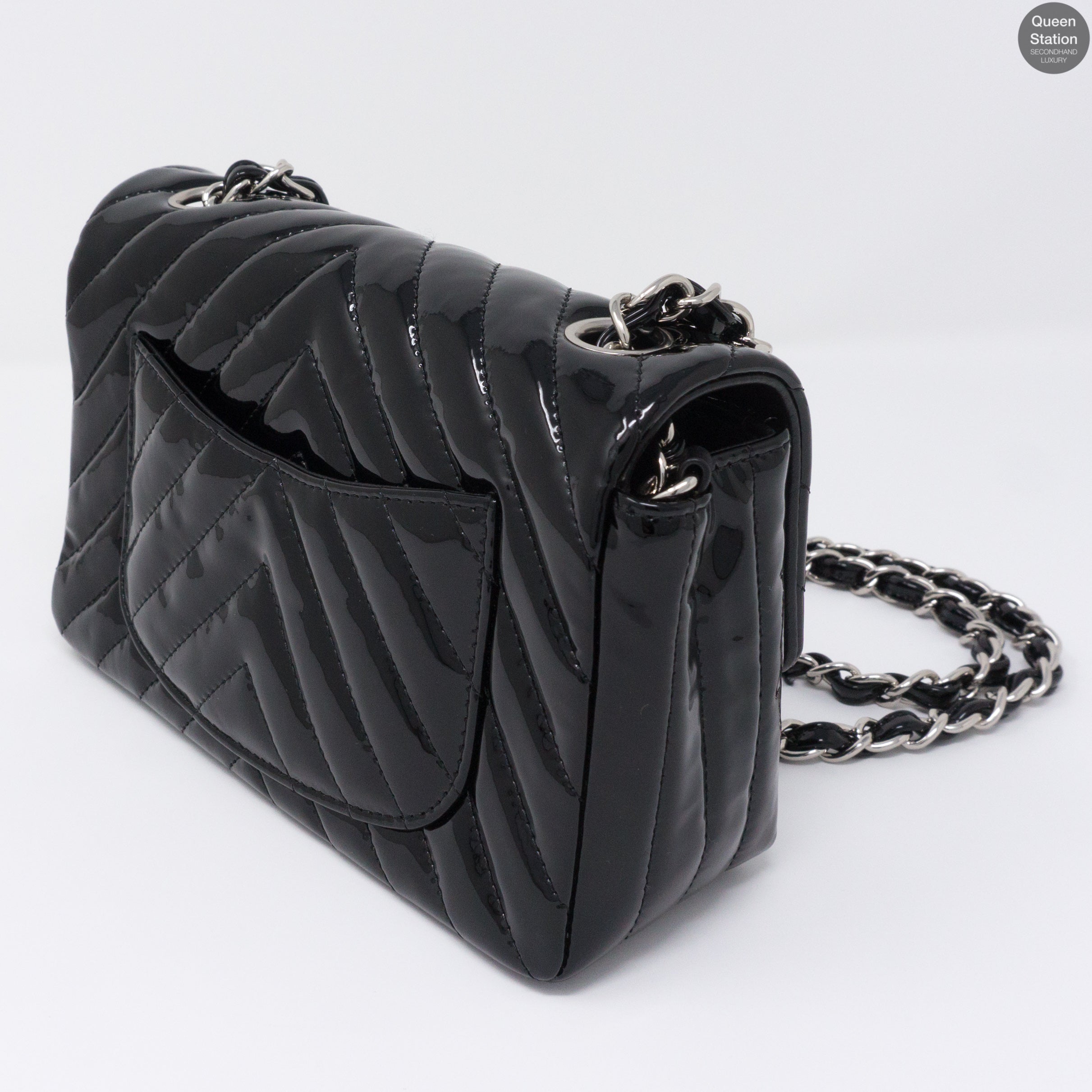 Chevron Rectangular Mini Flap Black Patent Leather Bag