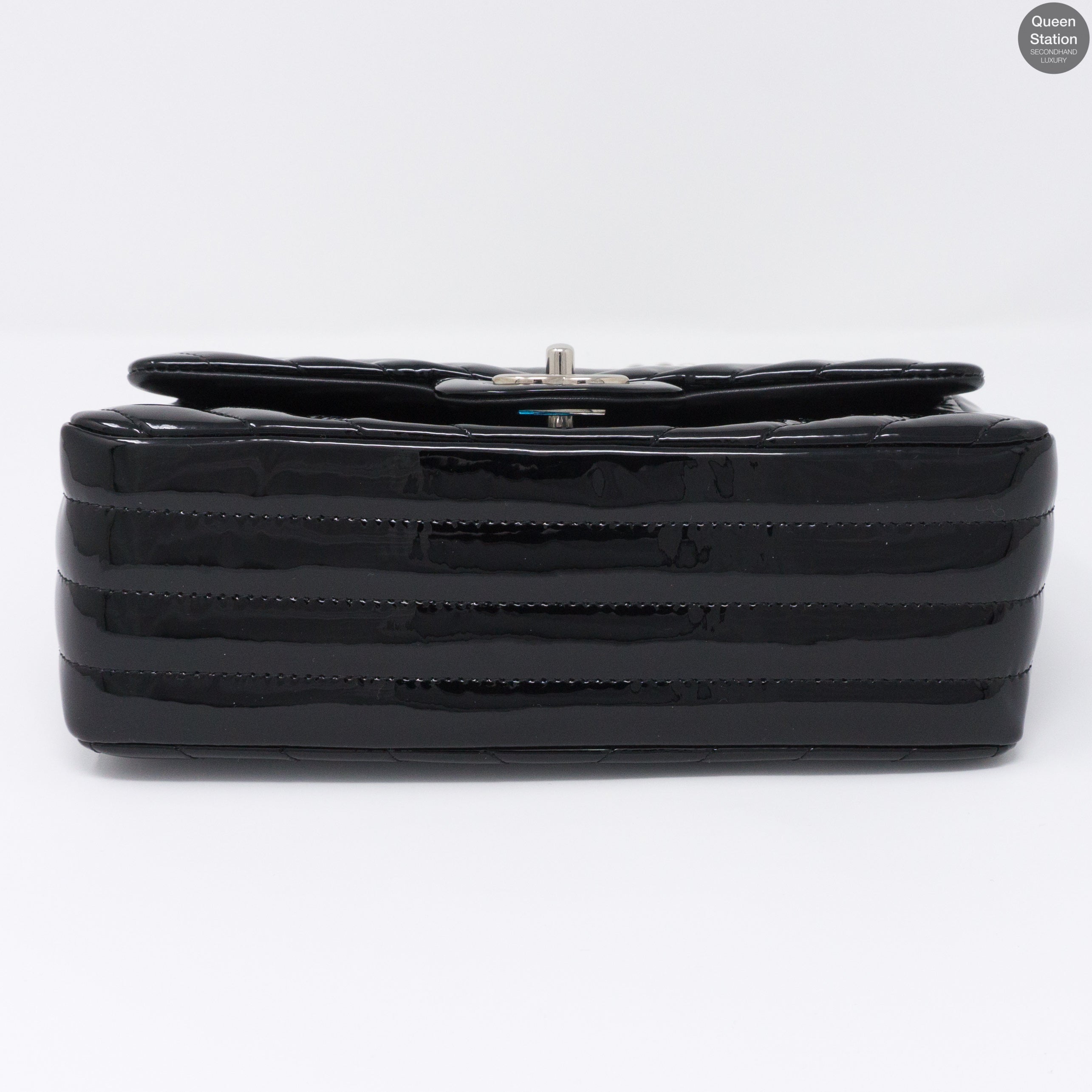 Chevron Rectangular Mini Flap Black Patent Leather Bag