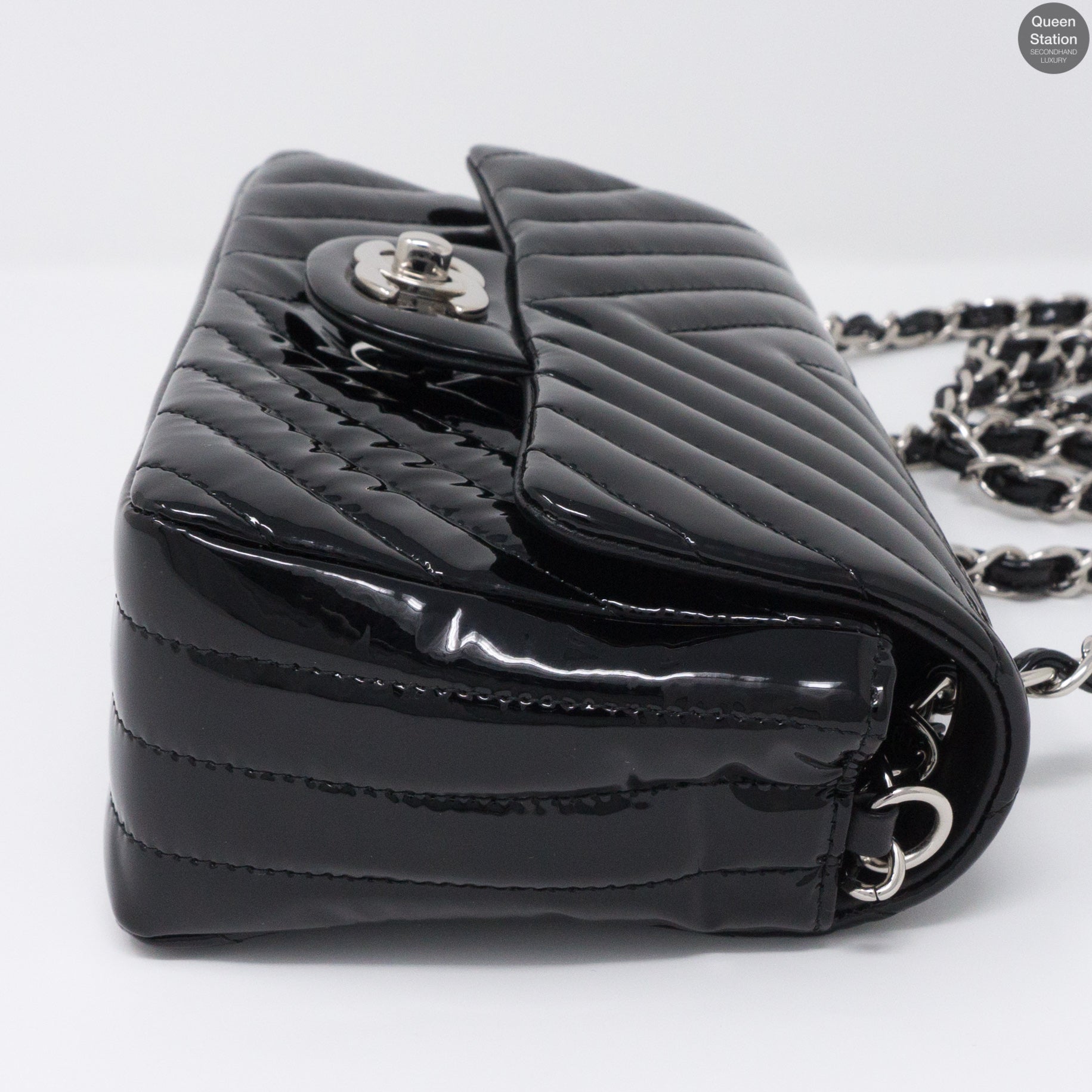 Chevron Rectangular Mini Flap Black Patent Leather Bag